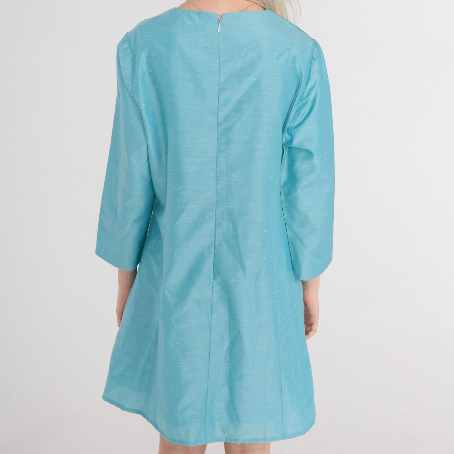 60s Blue Mod Mini Dress Button Front Long Sleeve Shift Dress Large L