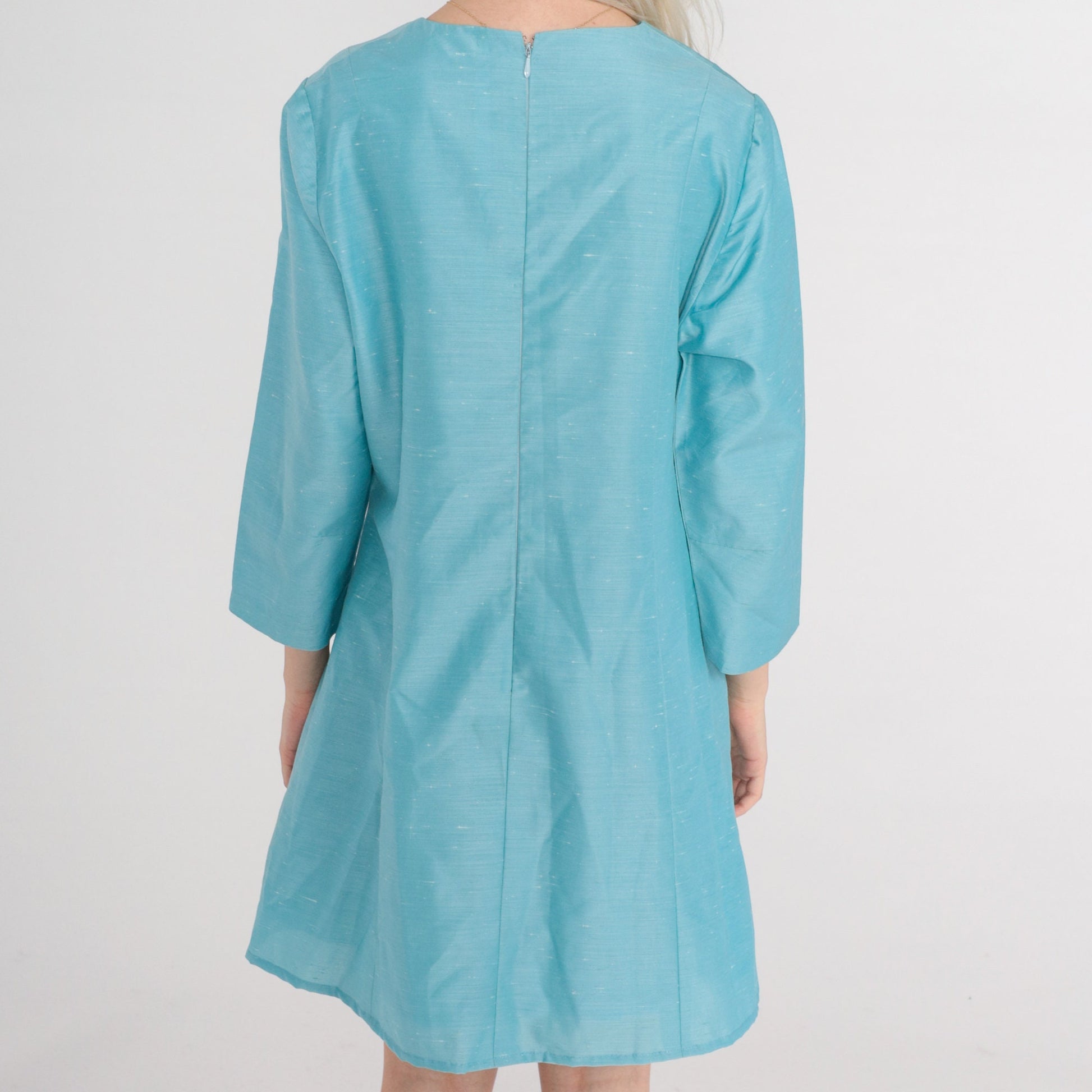 60s Blue Mod Mini Dress Button Front Long Sleeve Shift Dress Large L