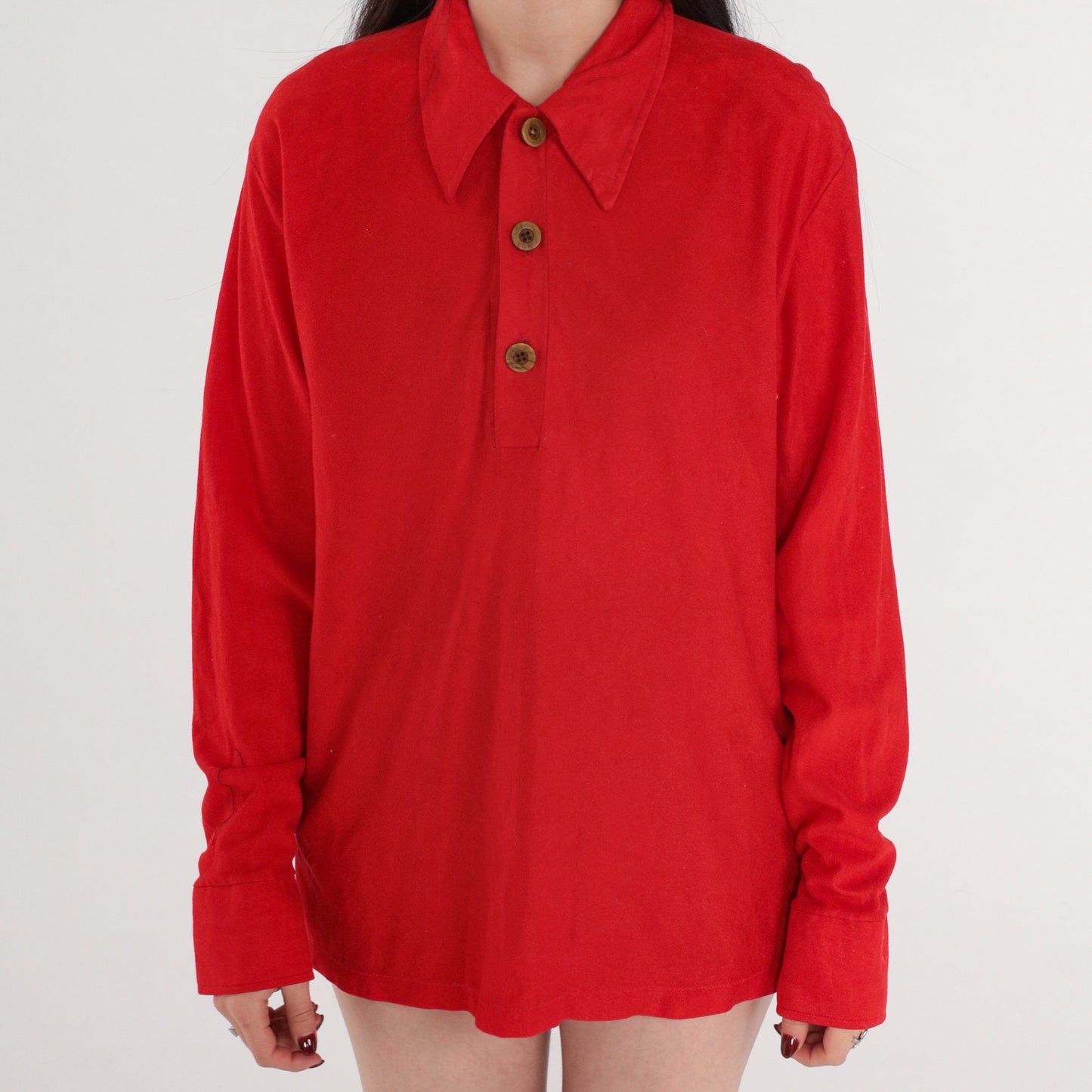 70s Red Velour Polo Shirt Long Sleeve Dagger Collar Quarter Button Large