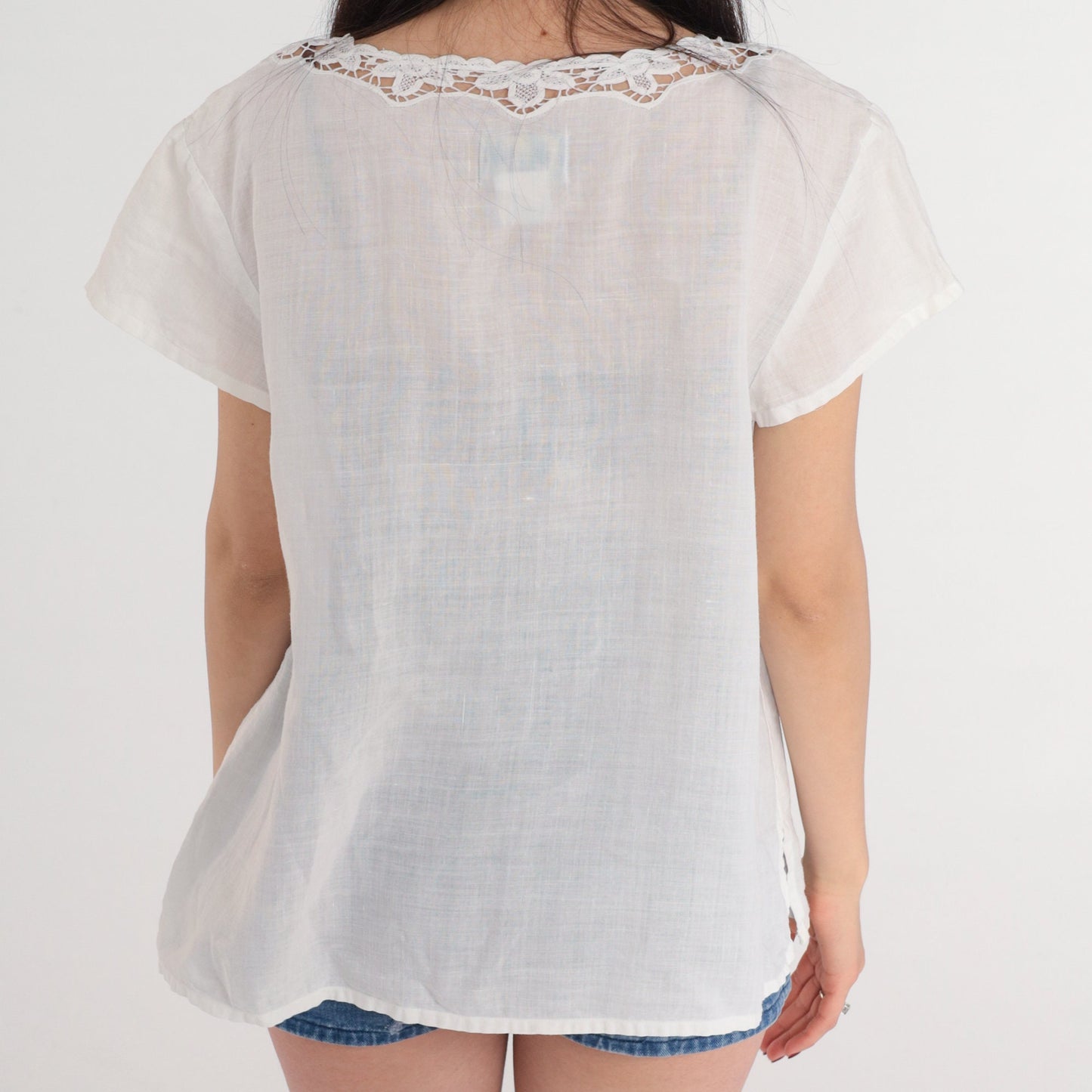 90s White Floral Cutout Ramie Blouse Short Sleeve Button Up Medium M