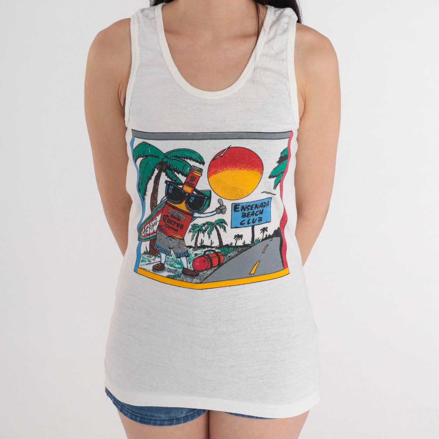 80s Jose Cuervo Tequila Tank Top Ensenada Mexico Graphic Single Stitch White XS