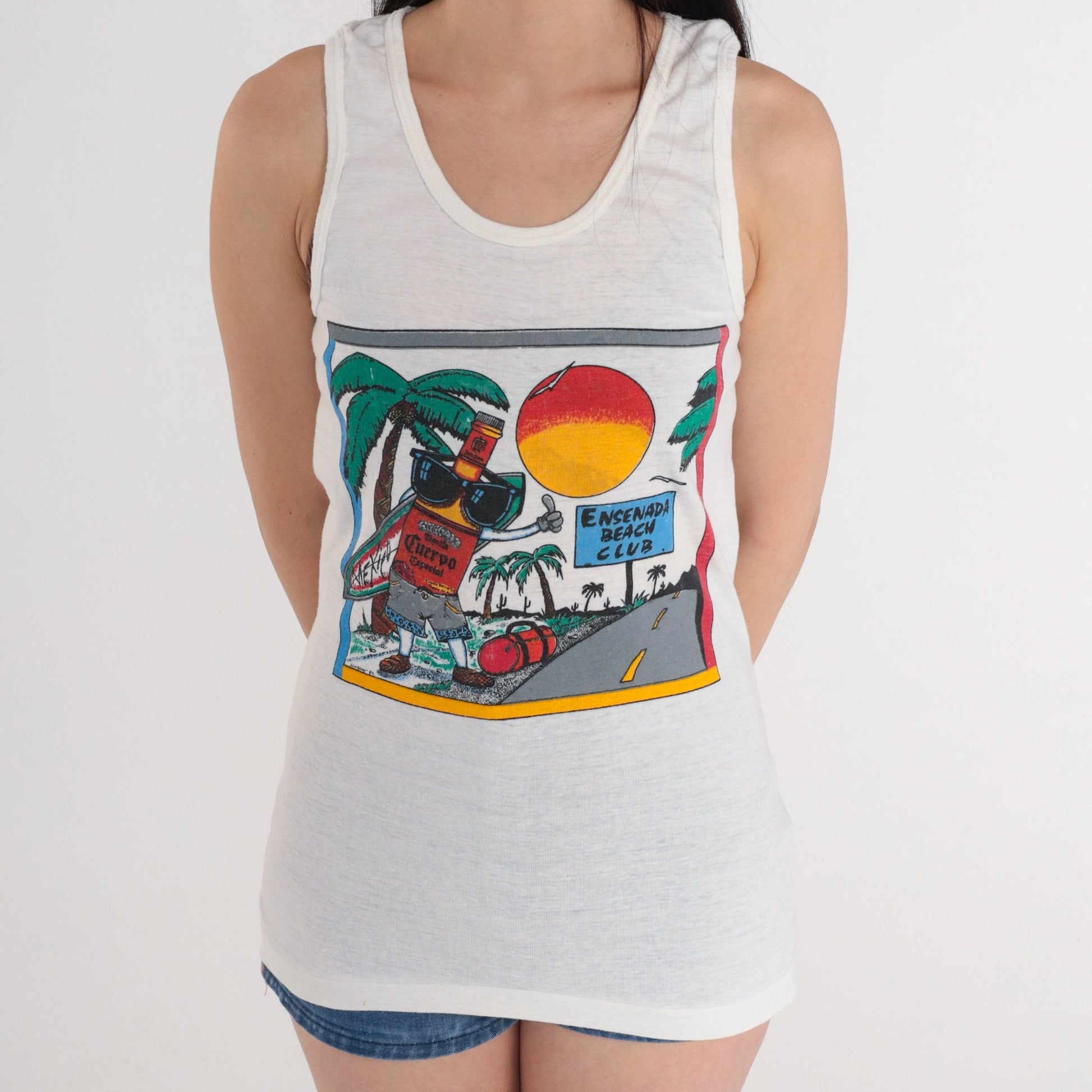 80s Jose Cuervo Tequila Tank Top Ensenada Mexico Graphic Single Stitch White XS