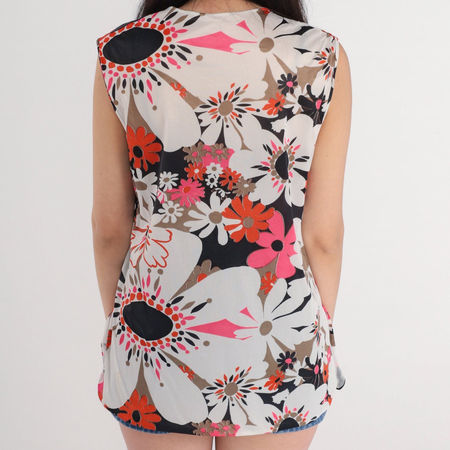 70s Floral Wrap Tank Top Sleeveless Blouse Multicolor Medium