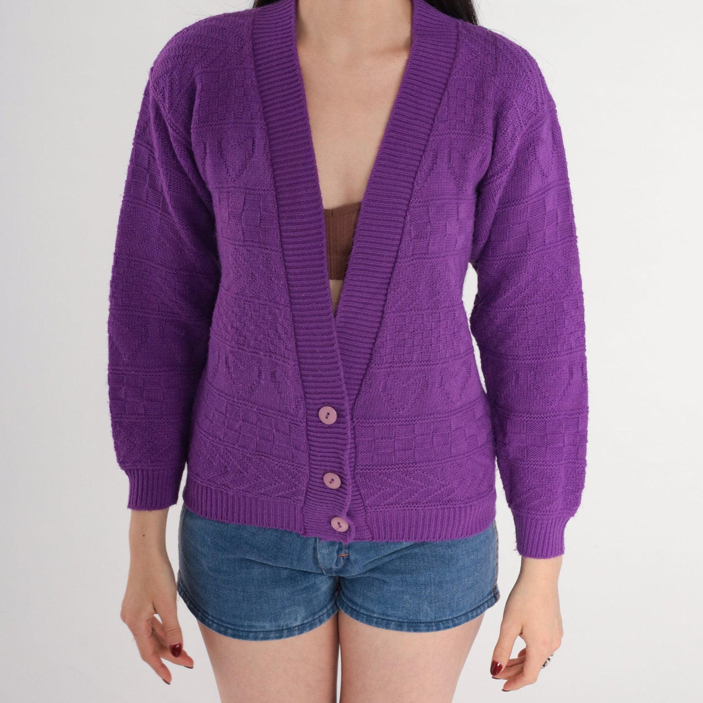 80s Purple Cardigan Textured Knit Button-Up Sweater Heart Chevron Small