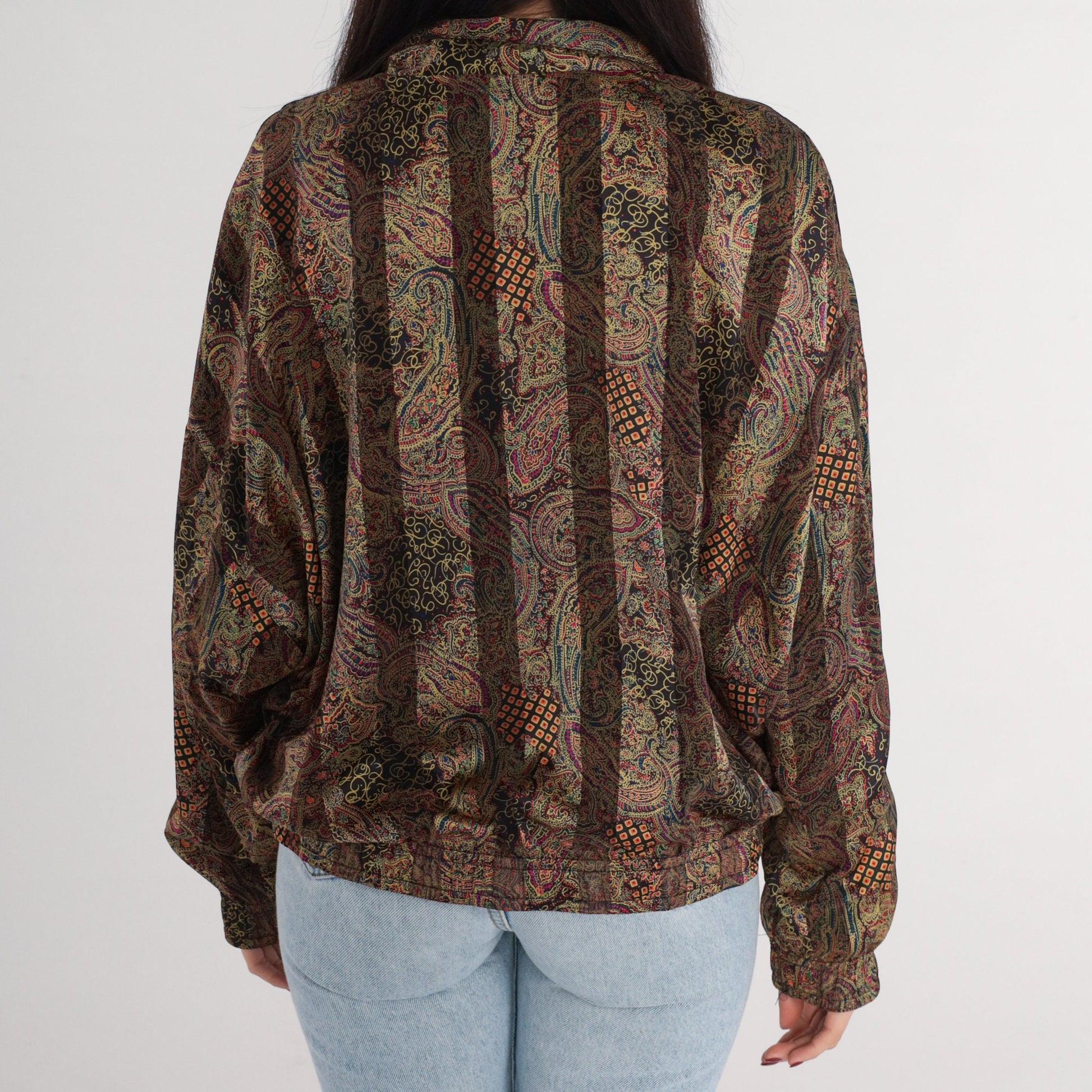 90s Paisley Striped Bomber Jacket Heart Zipper Windbreaker Medium M