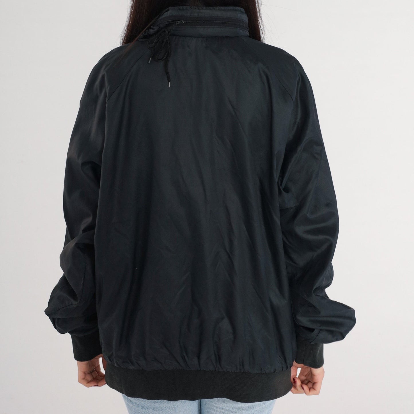 80s Tropic Fish Vegetable Logo Bomber Jacket Black Nylon Zip Windbreaker Large L