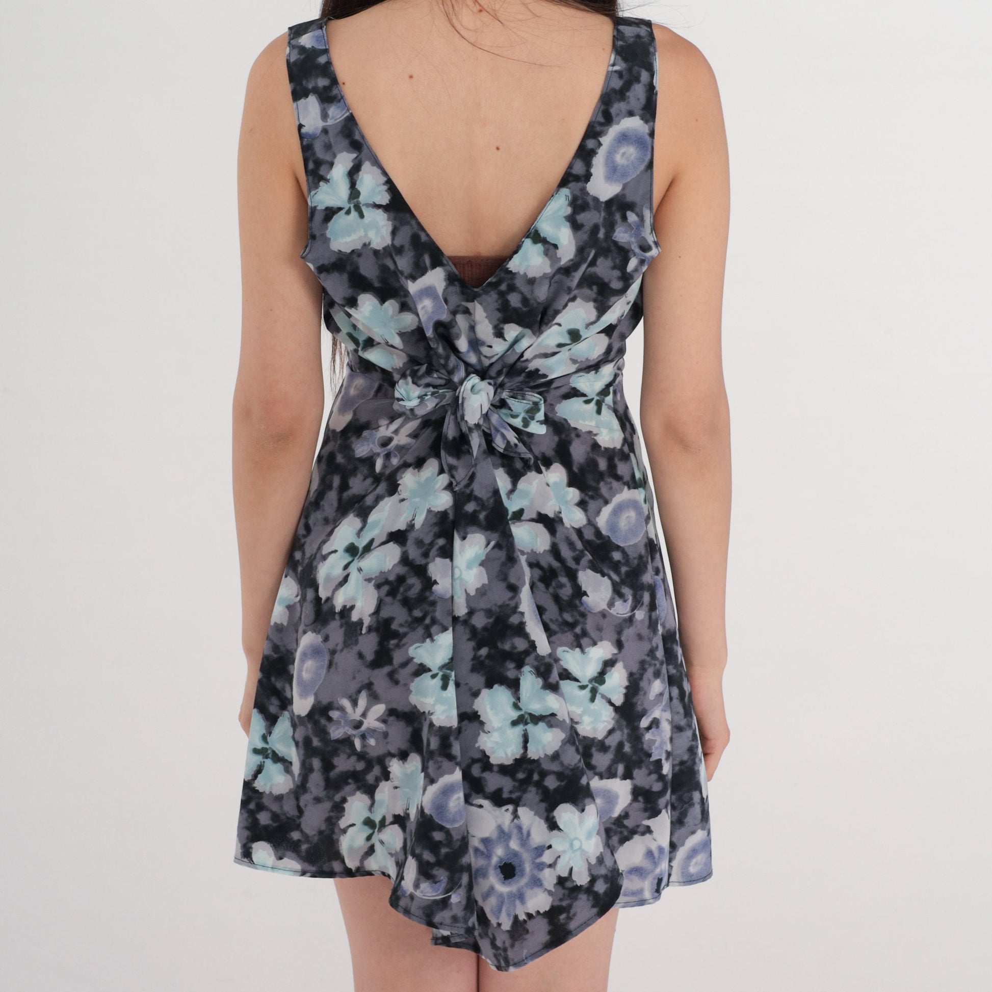90s Tie Dye Floral Mini Dress Black Grey Purple Cloud Print V Neck Small