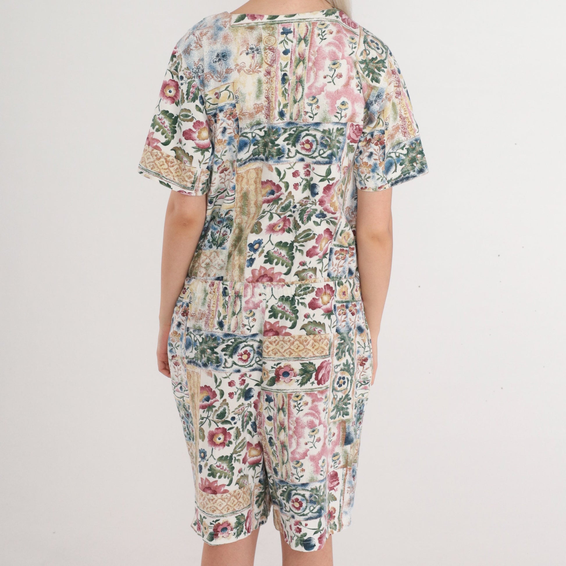90s New Look Floral Button-Up Romper Knee-Length Wide Leg Cotton Medium M