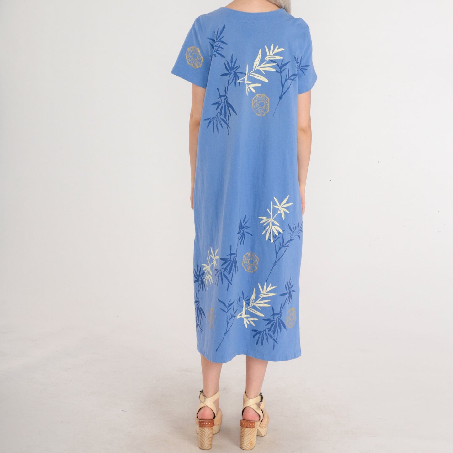 90s Bamboo Chinese Hanzi Print Cotton Midi Dress Blue Short Sleeve Large L