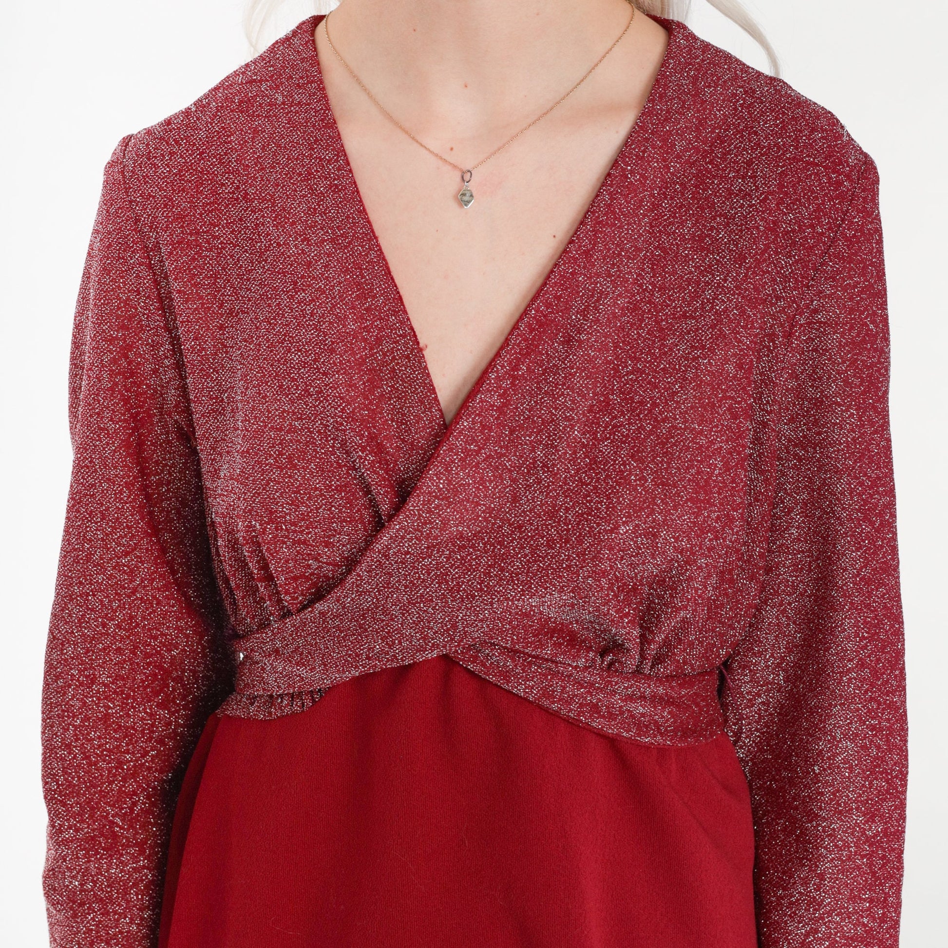 70s Metallic Red Mini Dress Empire Waist Wrap Long Sleeve Medium