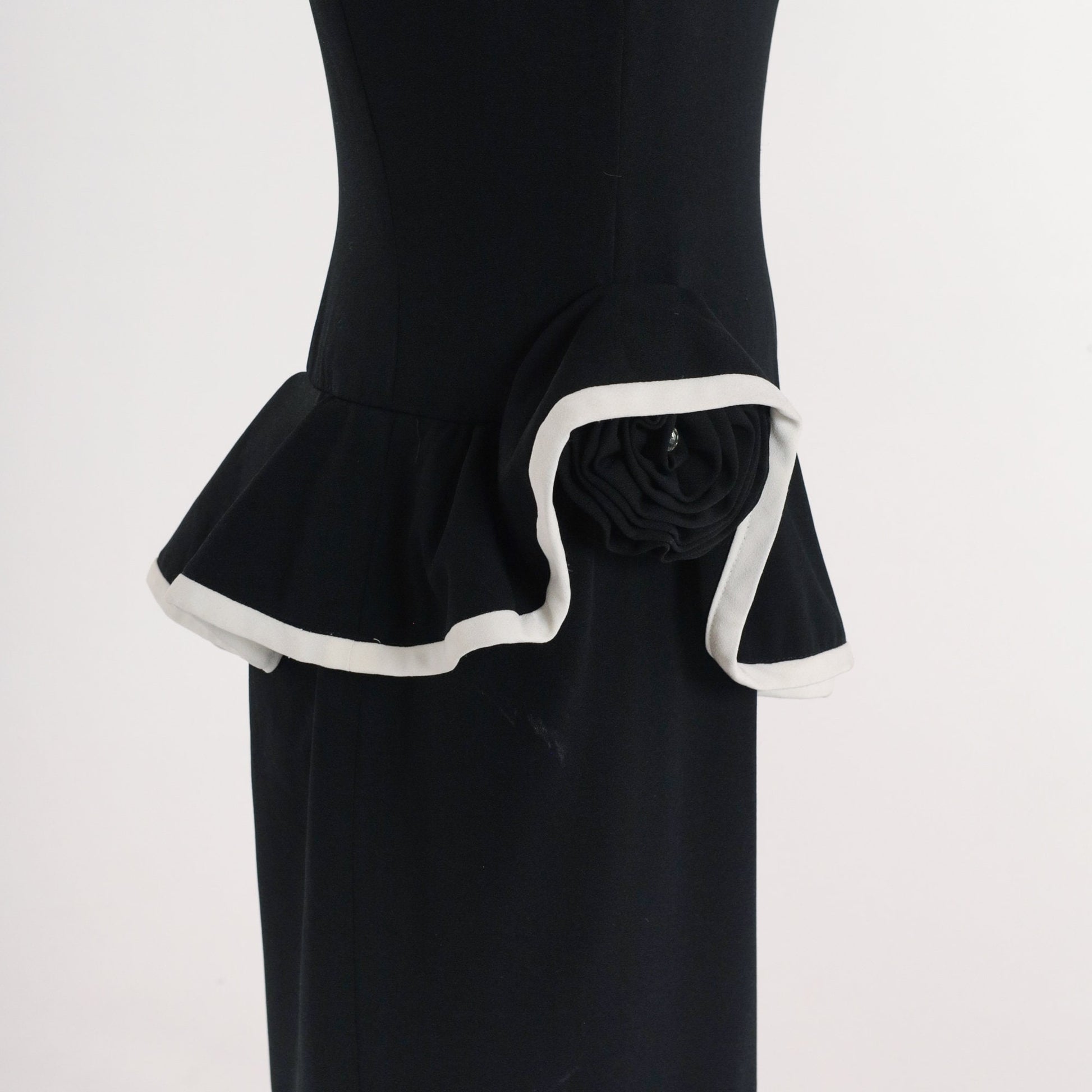80s Black Peplum Dress White Asymmetrical Ruffle Long Puff Sleeve Knee-Length Small