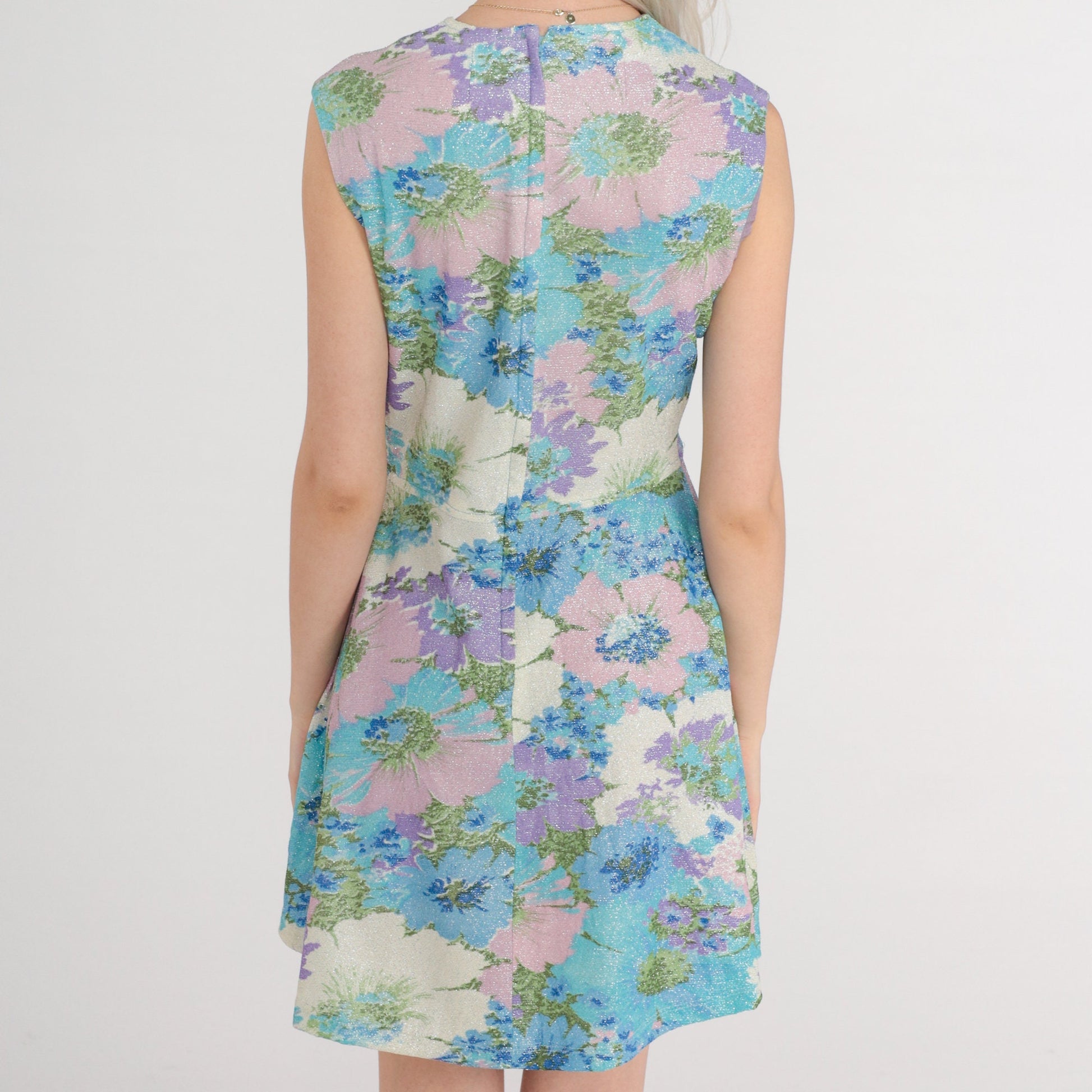 70s Metallic Floral Mini Dress Empire Waist V-Neck Sleeveless Purple Blue Extra Small