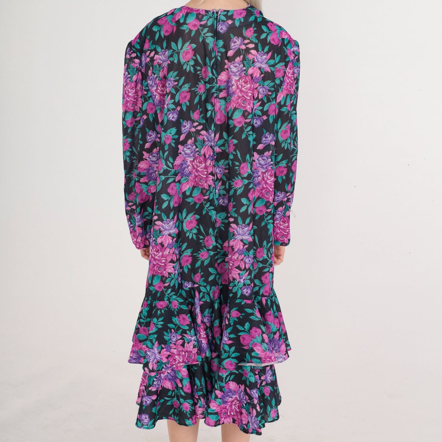 80s Floral Midi Dress Puff Sleeve Tiered Ruffle Black Pink Purple Plus Size 24