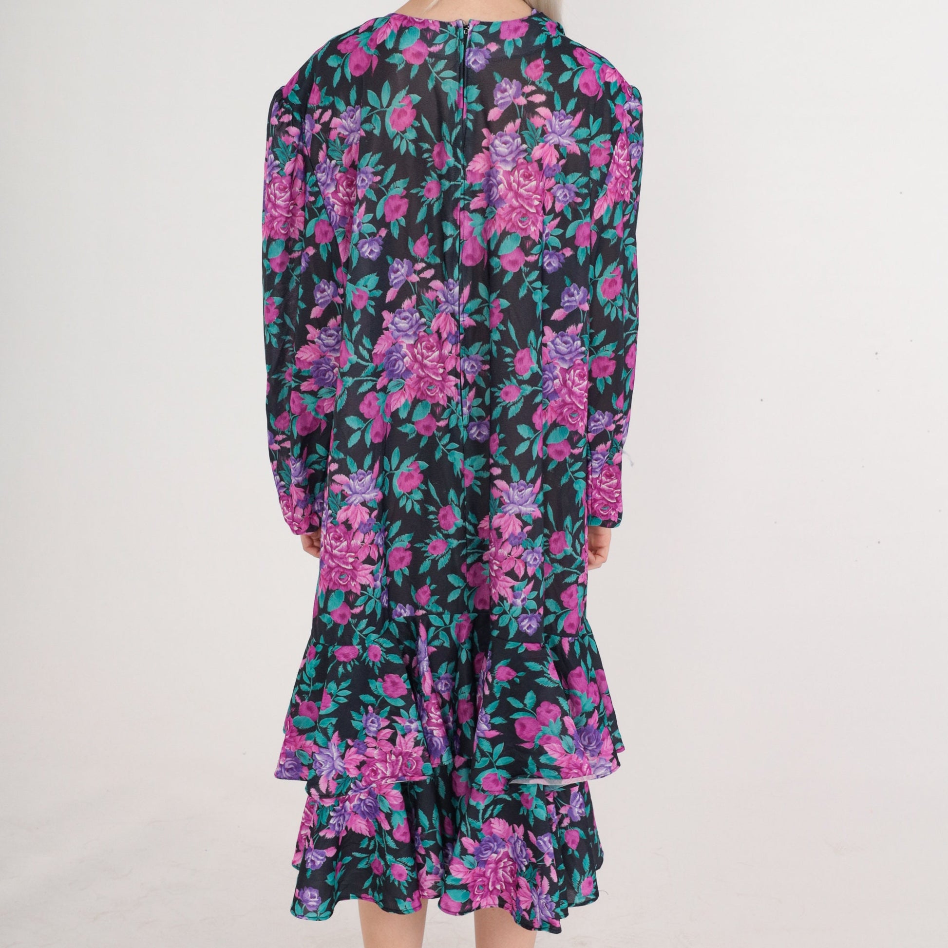 80s Floral Midi Dress Puff Sleeve Tiered Ruffle Black Pink Purple Plus Size 24