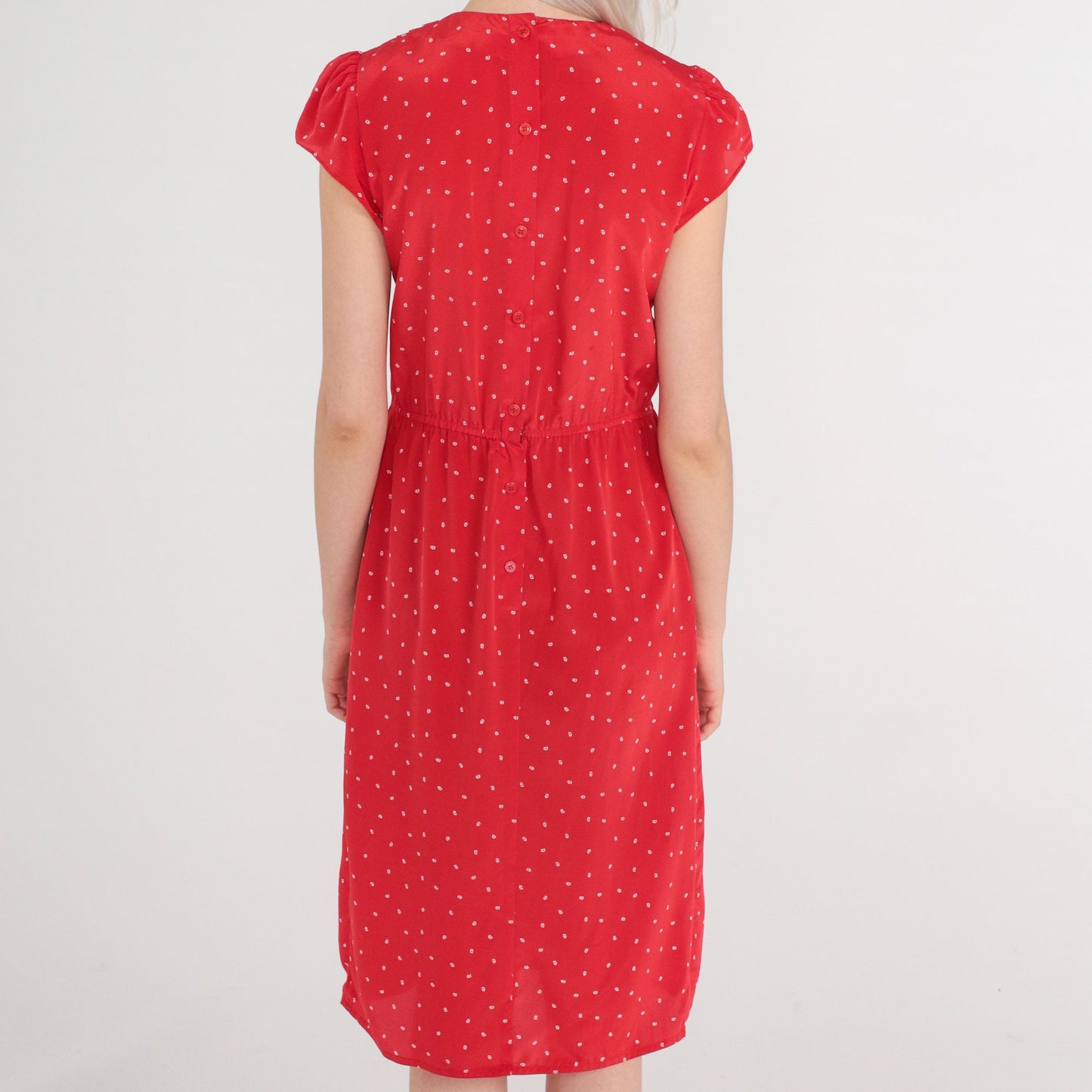 80s Red Sailboat Print Midi Dress Cap Puff Sleeve High Waist Extra Small