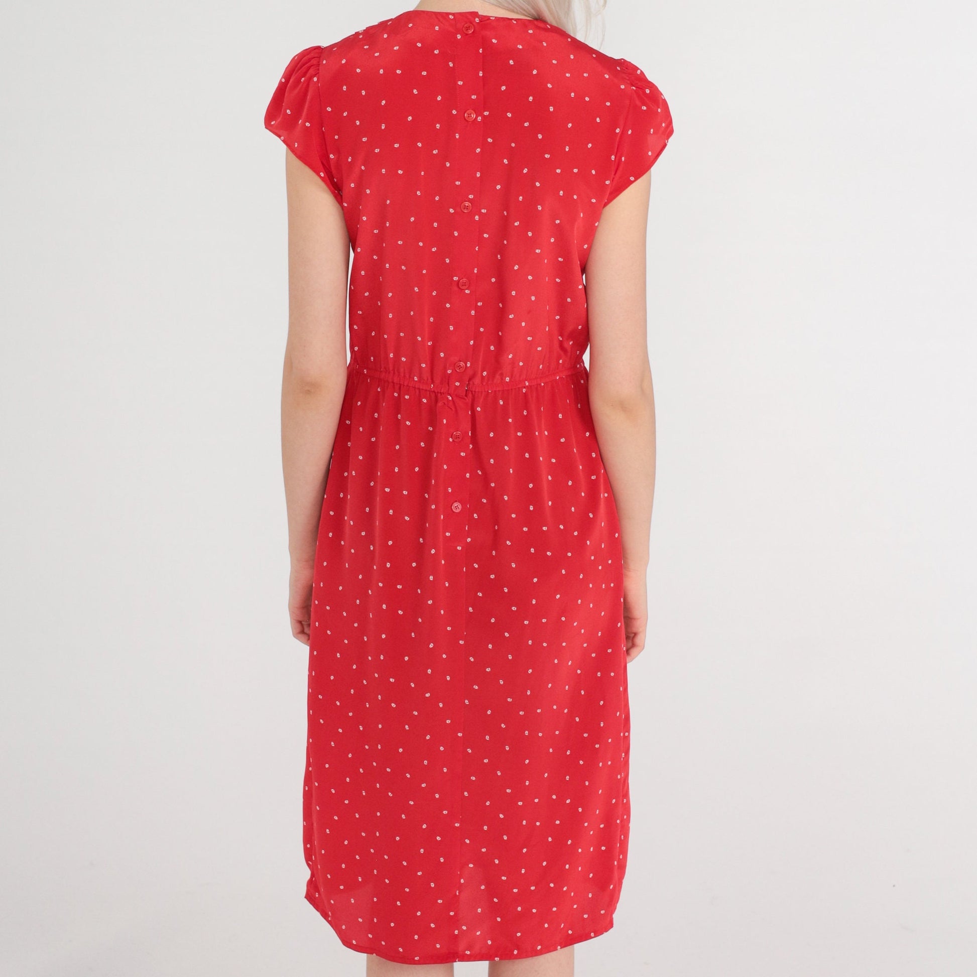 80s Red Sailboat Print Midi Dress Cap Puff Sleeve High Waist Extra Small