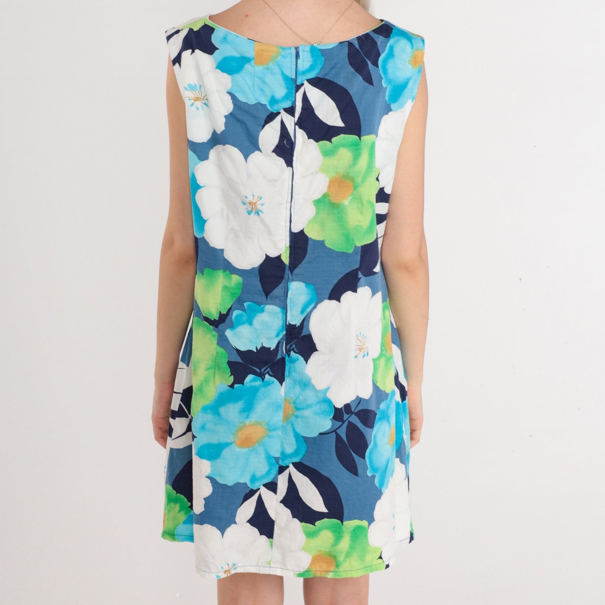 60s Floral Mod Mini Shift Dress Sleeveless Blue Green White Medium M