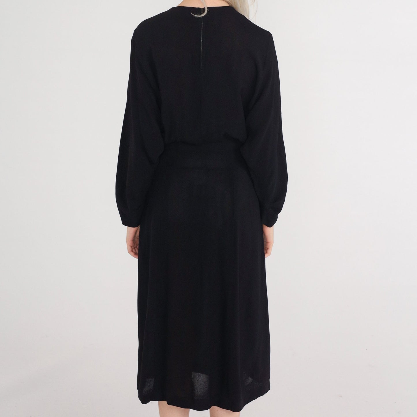 1940s Black Peplum Midi Dress Long Sleeve Metal Zipper Small
