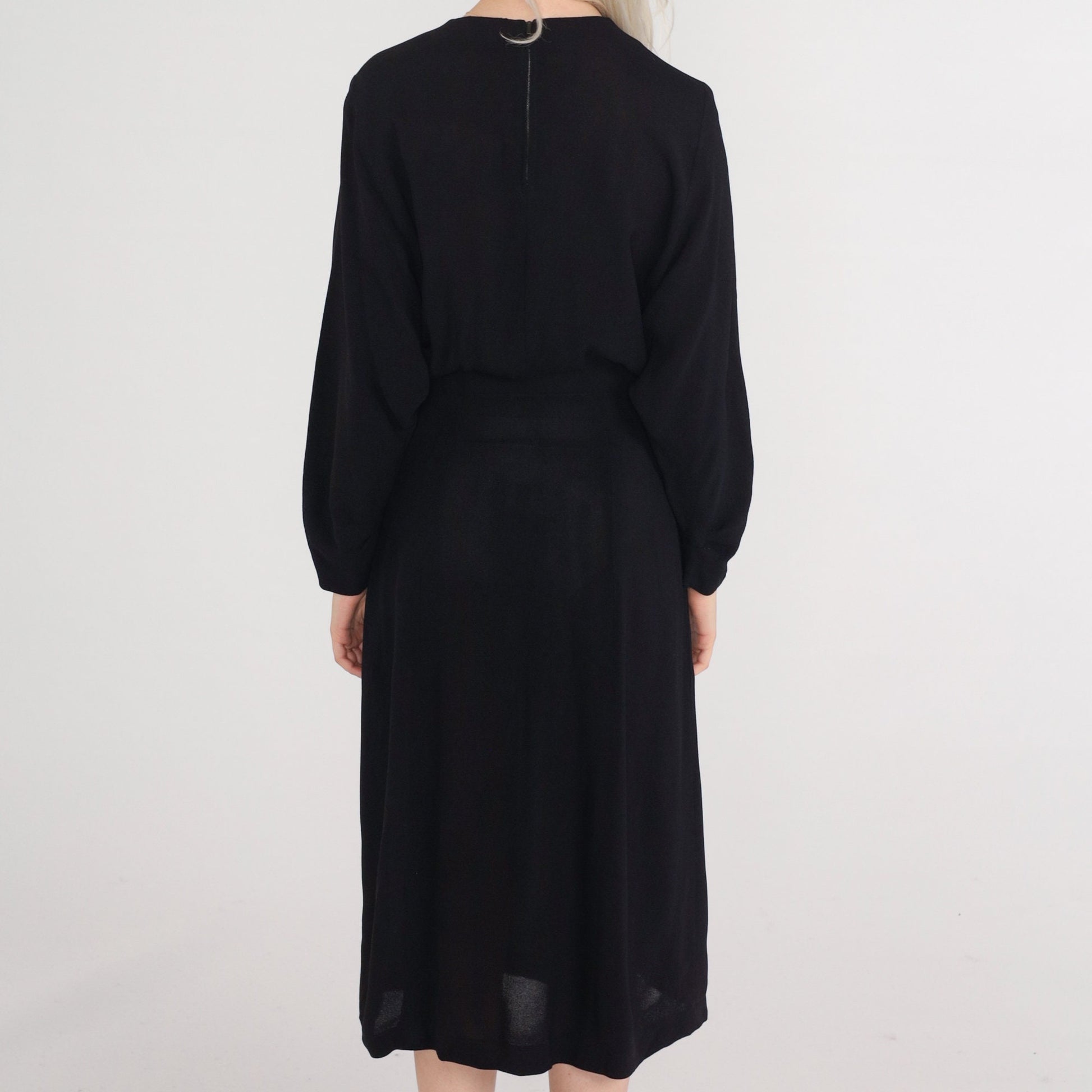1940s Black Peplum Midi Dress Long Sleeve Metal Zipper Small