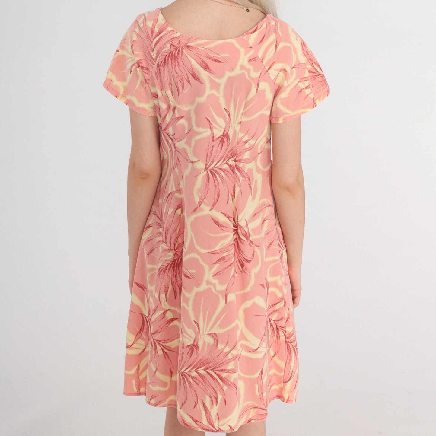 Y2K Iolani Tropical Floral Mini Dress Pink Short Sleeve Shift Small S