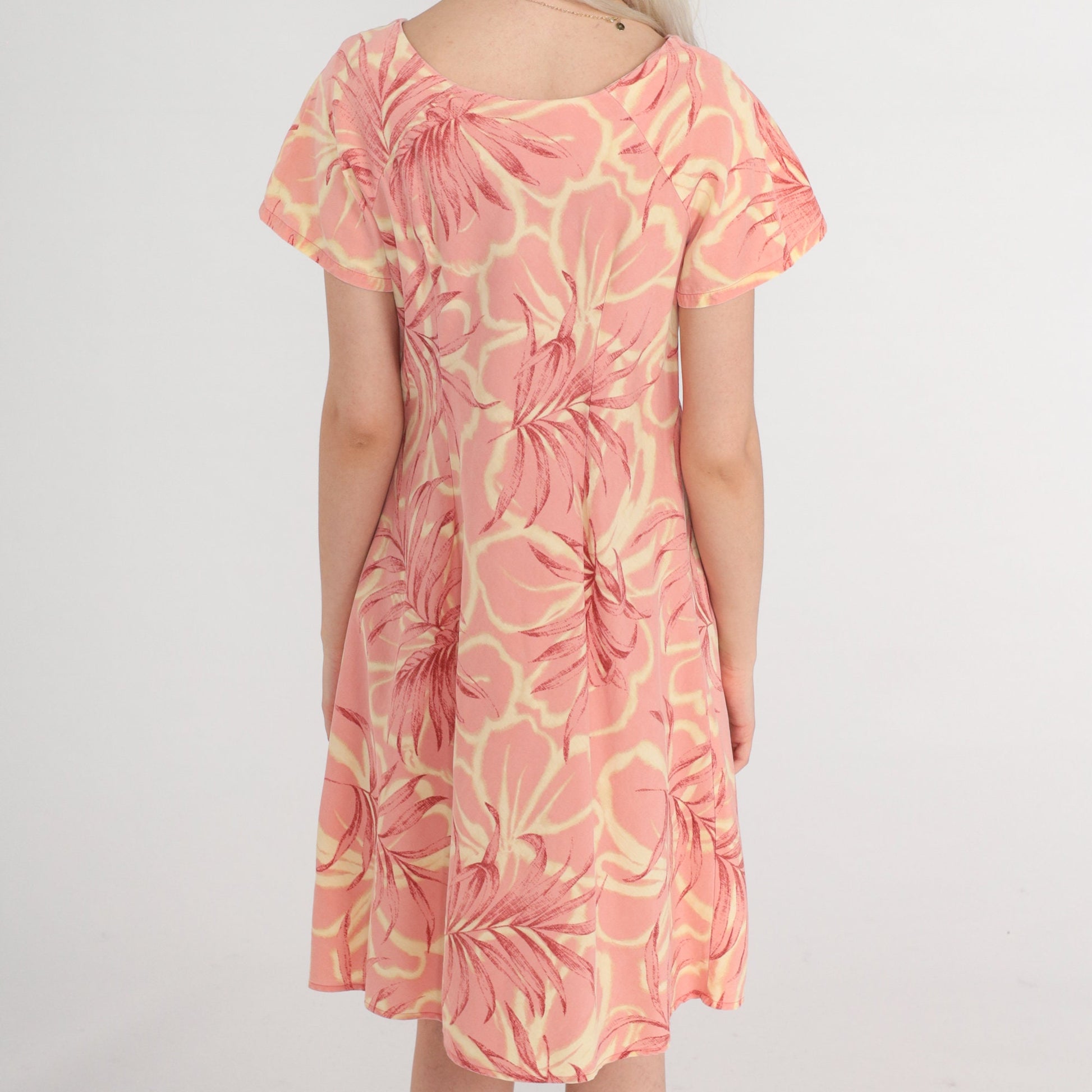 Y2K Iolani Tropical Floral Mini Dress Pink Short Sleeve Shift Small S