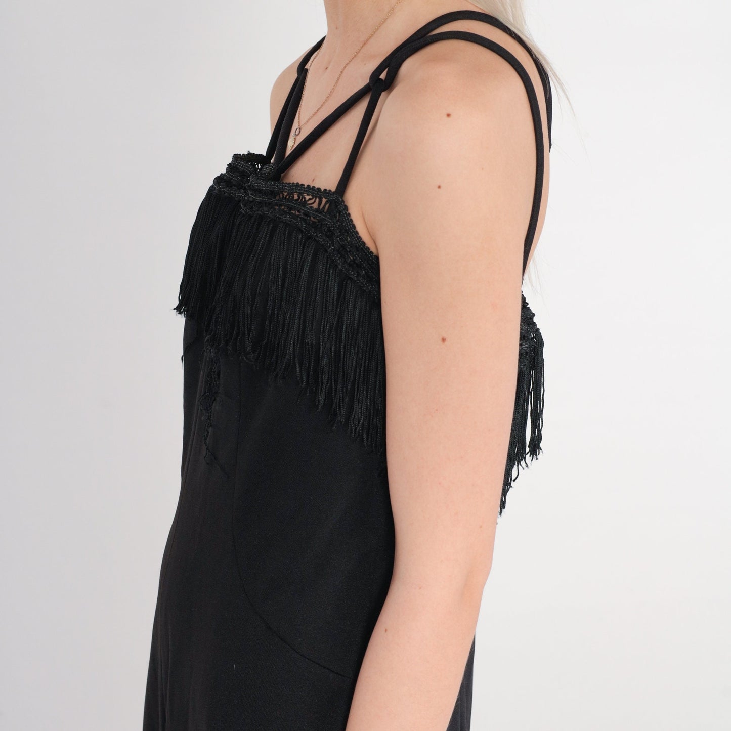 70s Black Fringe Maxi Dress Criss Cross Straps Crochet Lace Medium