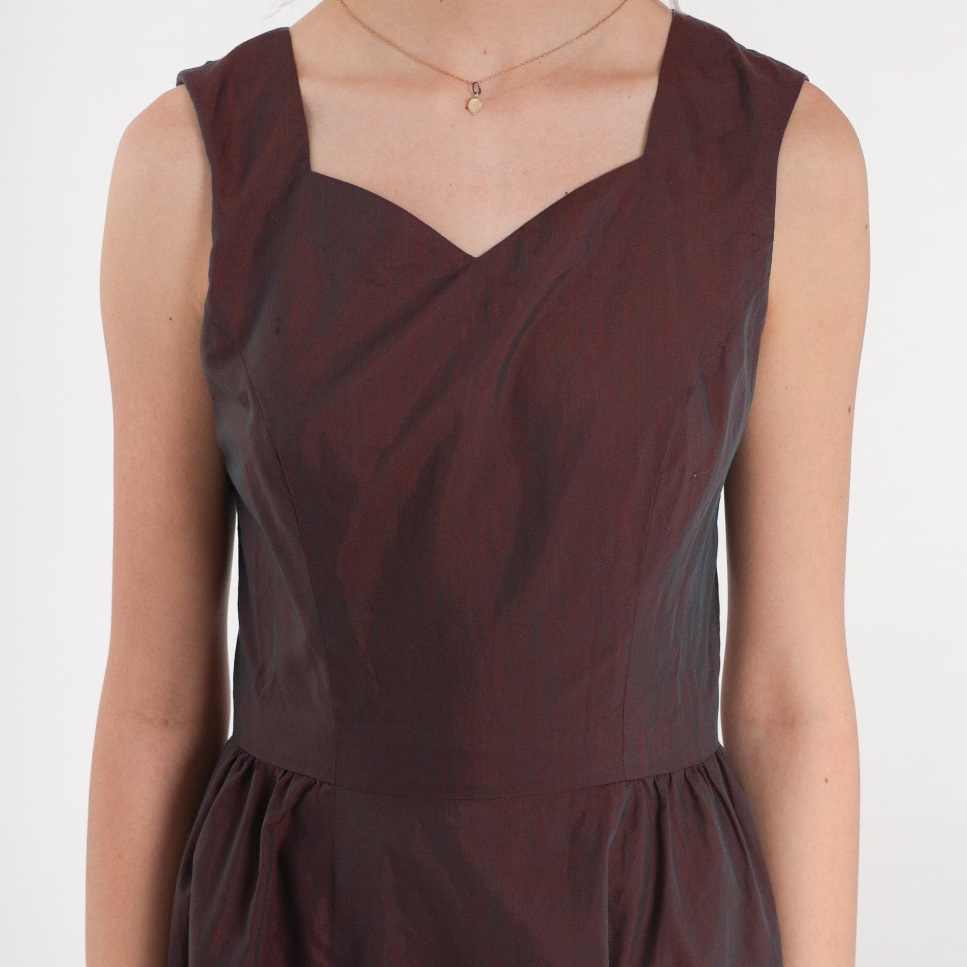 60s Iridescent Purple Mini Dress Sweetheart Neckline Pleated Sleeveless XS
