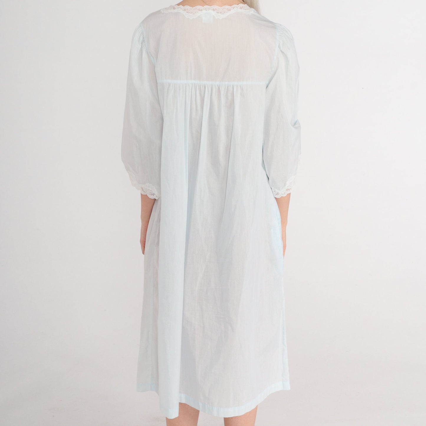 90s Pastel Blue Lace Nightgown Semi-Sheer Button-Front Midi Nightie Large L