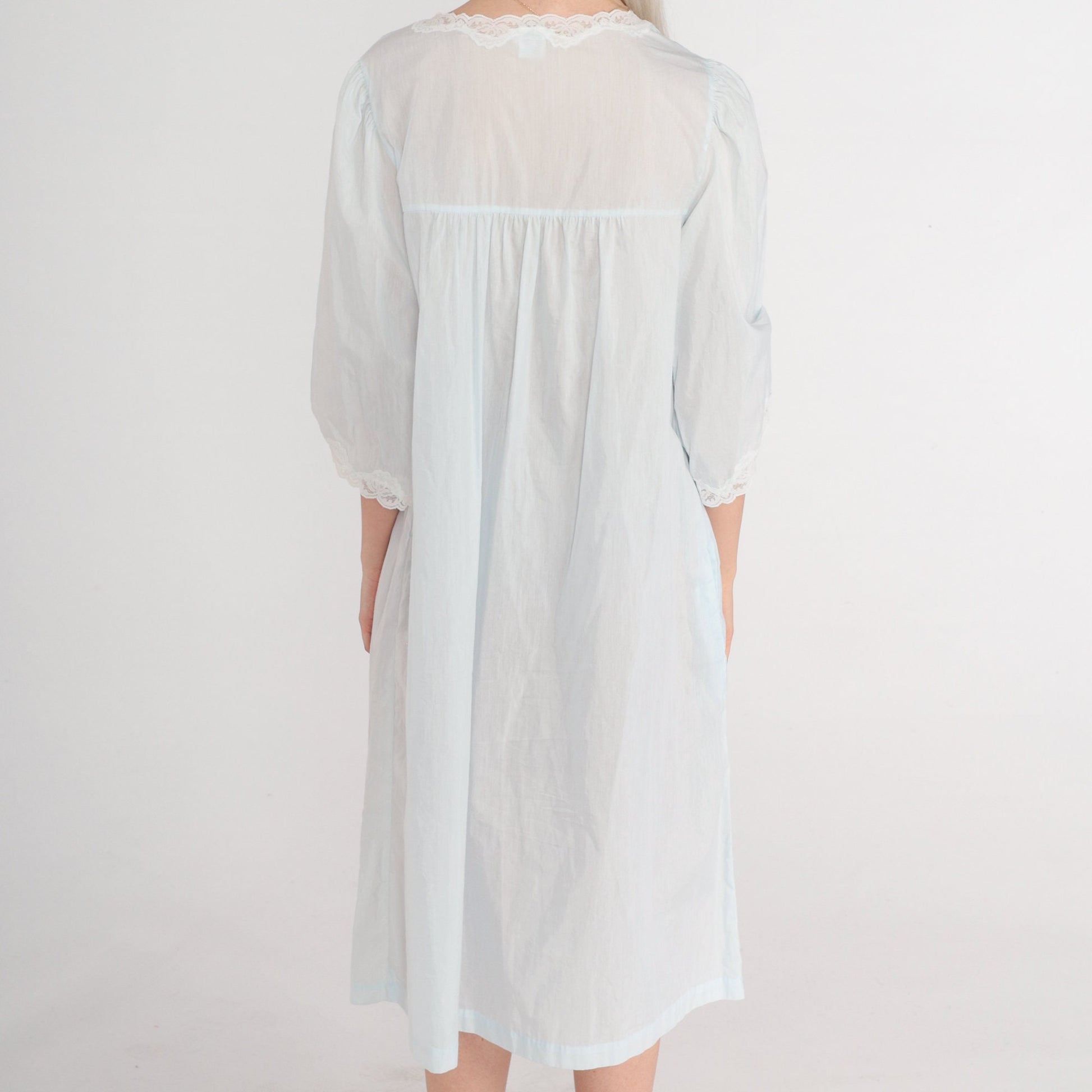 90s Pastel Blue Lace Nightgown Semi-Sheer Button-Front Midi Nightie Large L