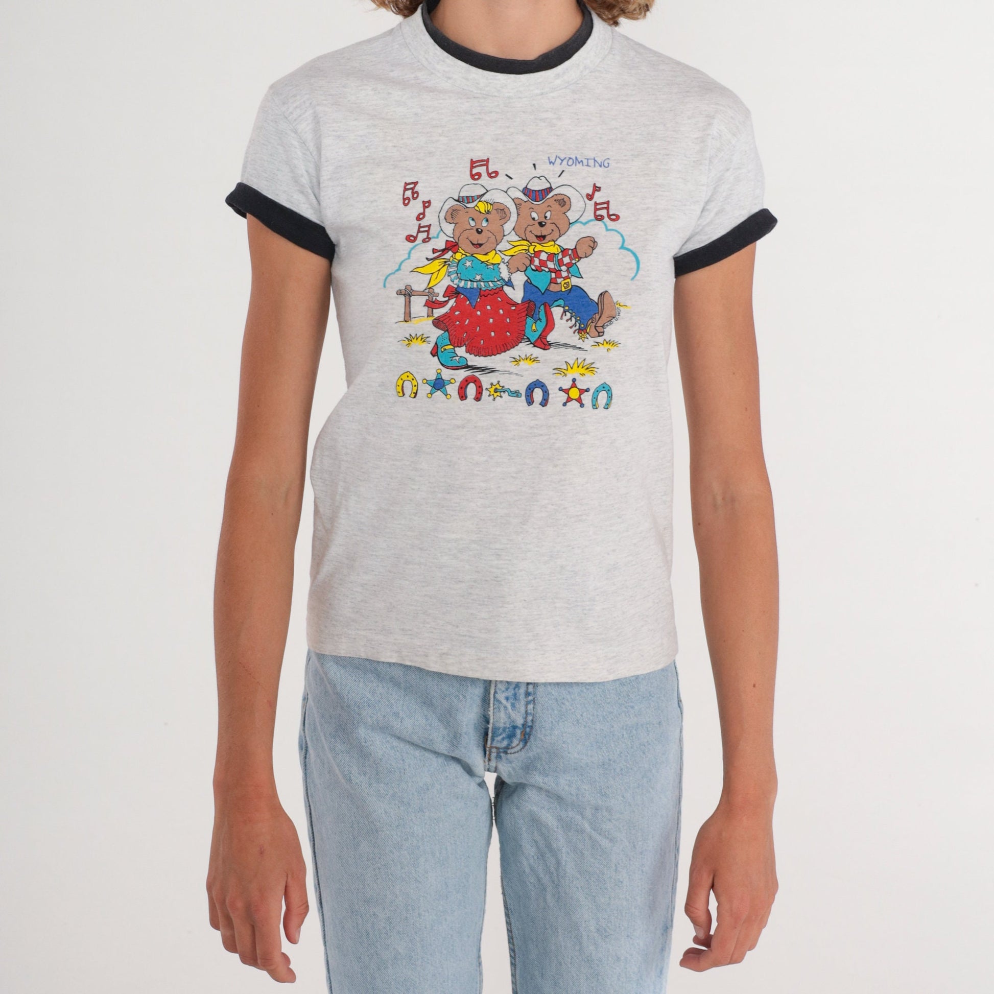 90s Wyoming Cowboy Teddy Bear Graphic T-Shirt Heather Grey Cuffed Sleeve XXS