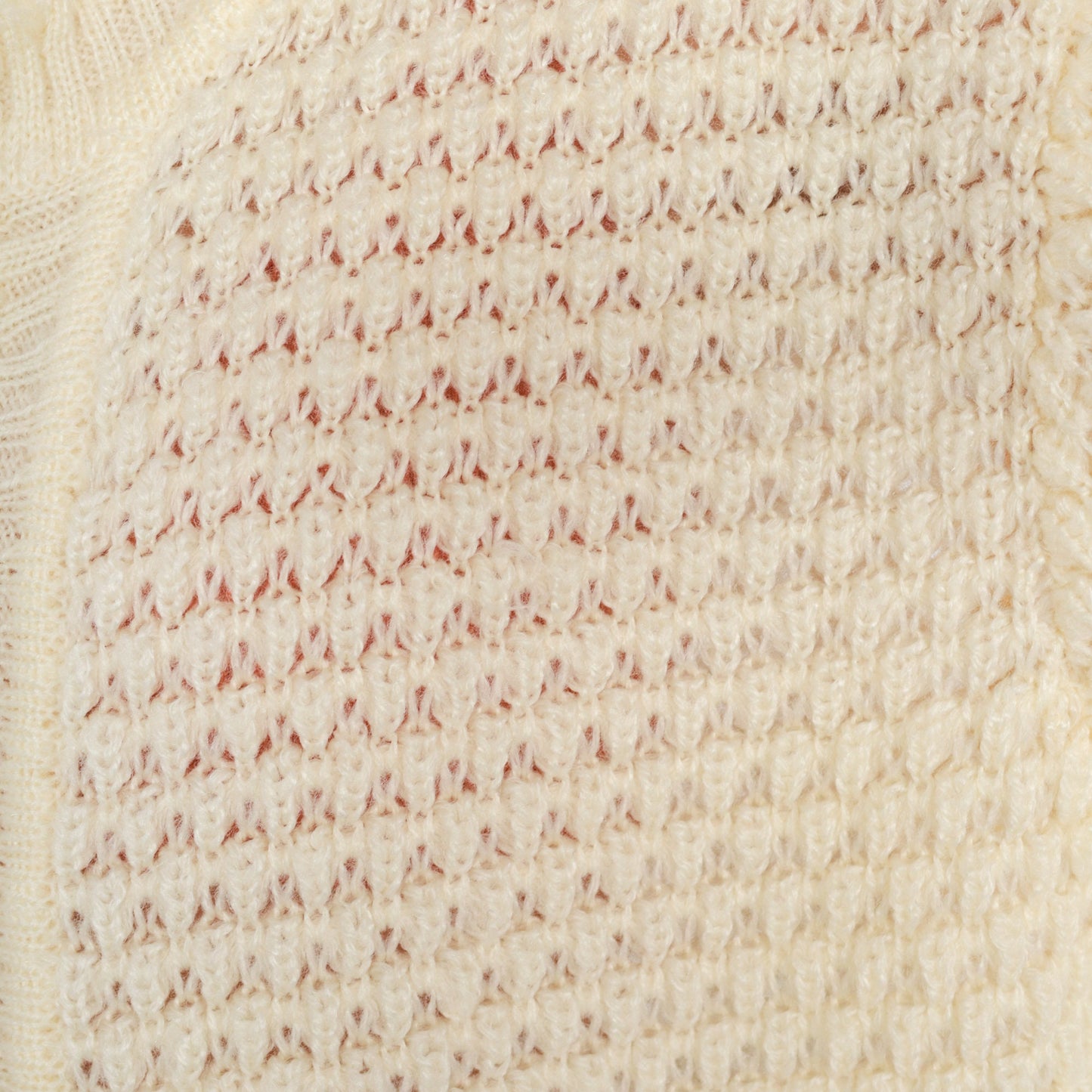 70s Cream Pointelle Cardigan Chunky Knit Scalloped Open Front Large