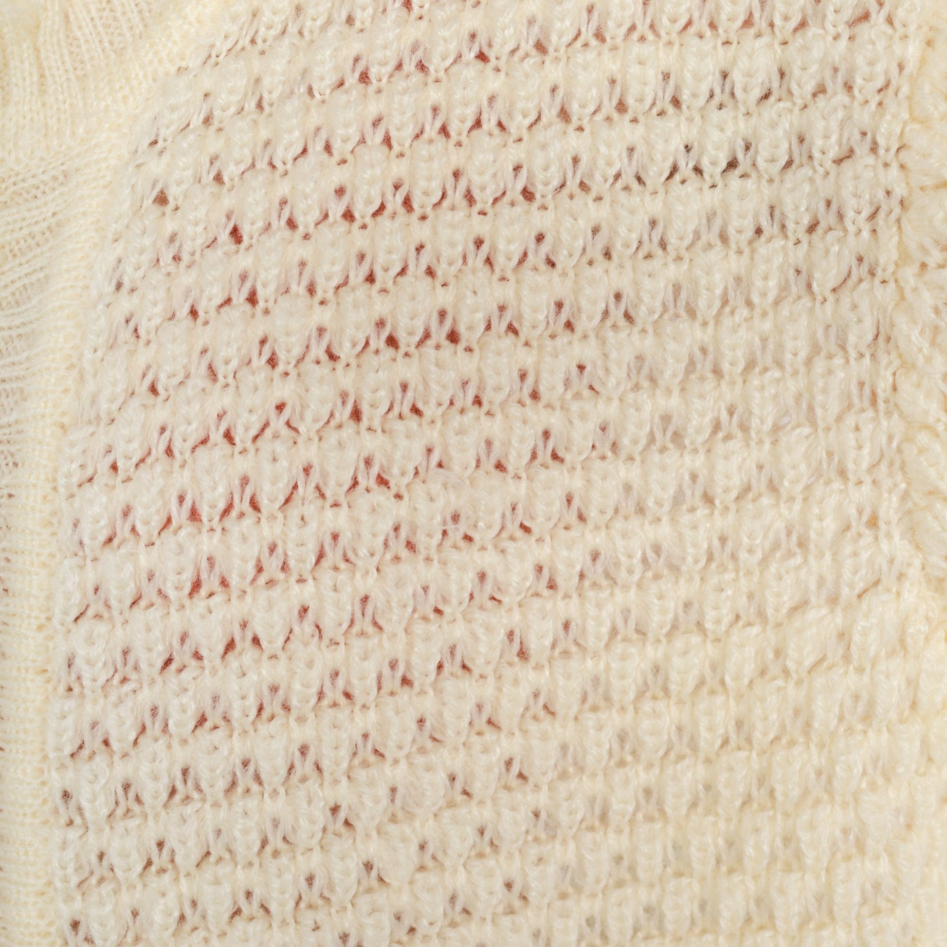 70s Cream Pointelle Cardigan Chunky Knit Scalloped Open Front Large