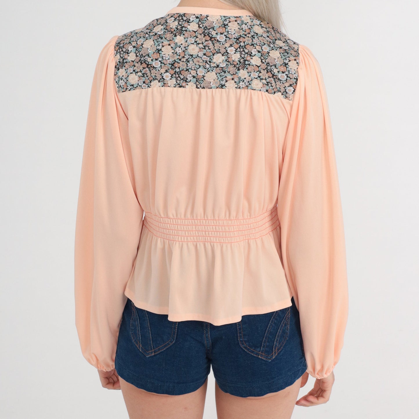 70s Peasant Blouse Pink Floral Puff Sleeve Tie Front Top Extra Small