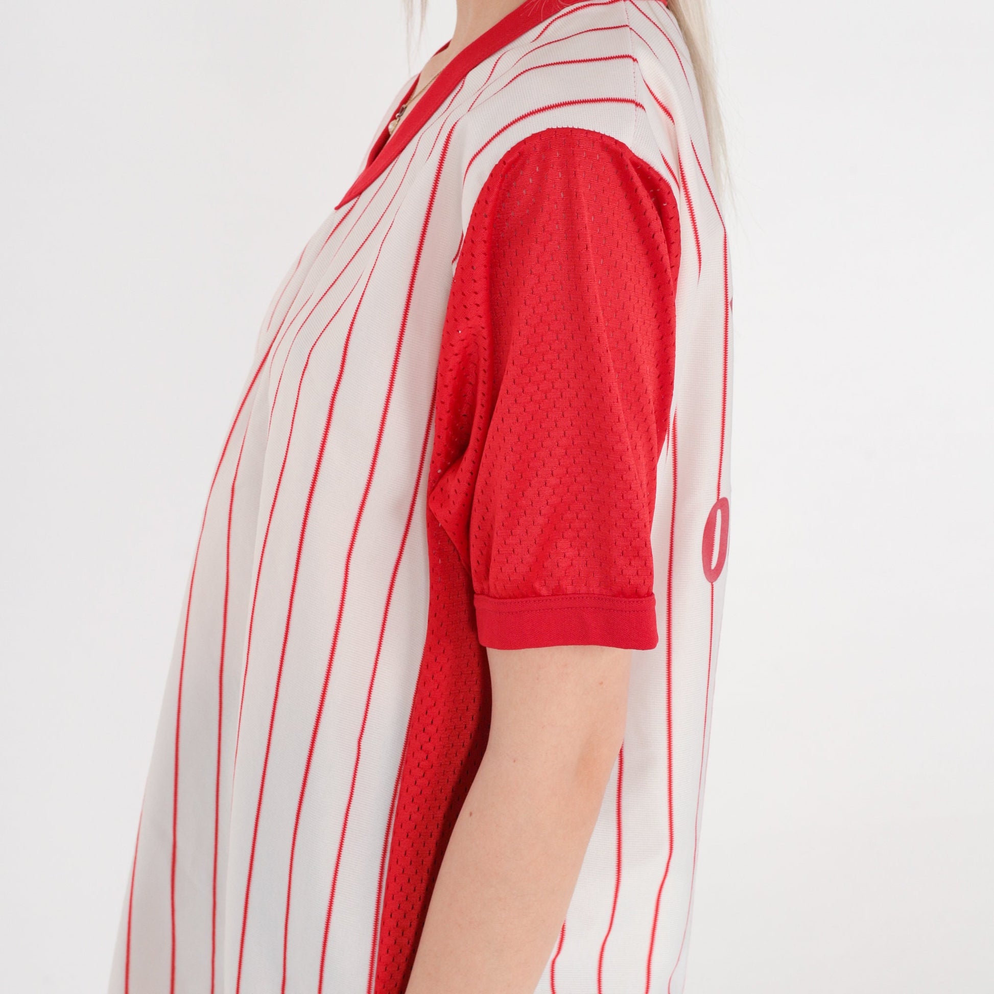 80s Mel's Outer Limits Baseball Jersey Red White Striped Mesh Ringer Tee Medium
