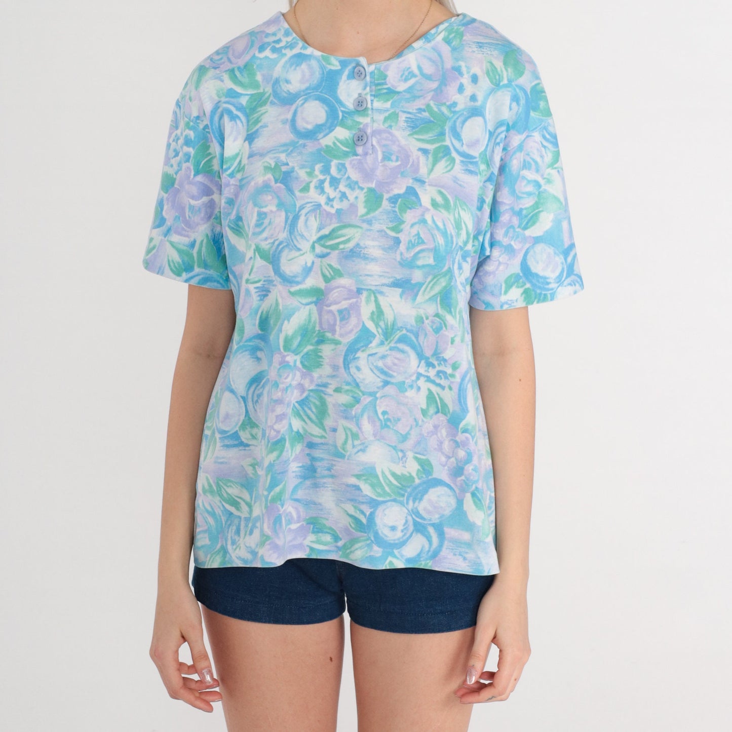 80s Floral Fruit Print Henley Shirt Blue Purple Short Sleeve Small