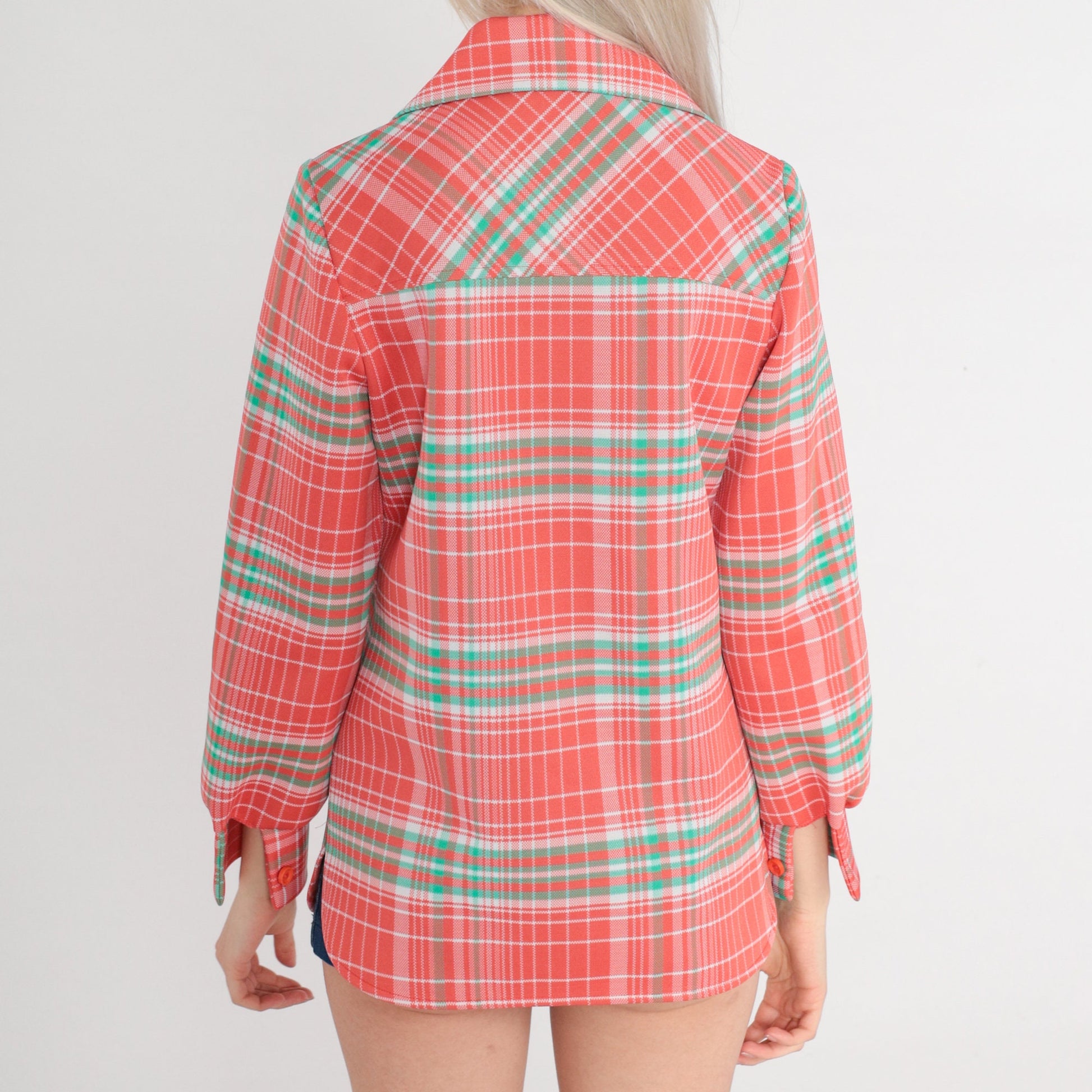 70s Salmon Pink Plaid Western Button-Up Blouse Long Sleeve Small