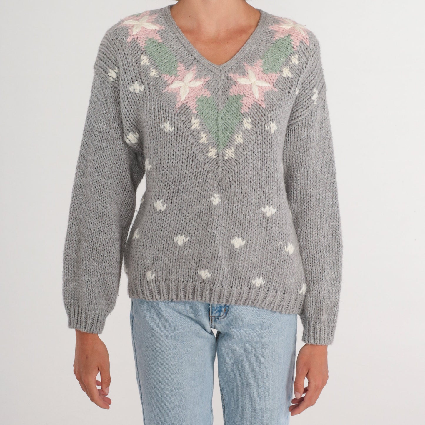90s Grey Floral V-Neck Knit Sweater Pink Flower Pullover Large