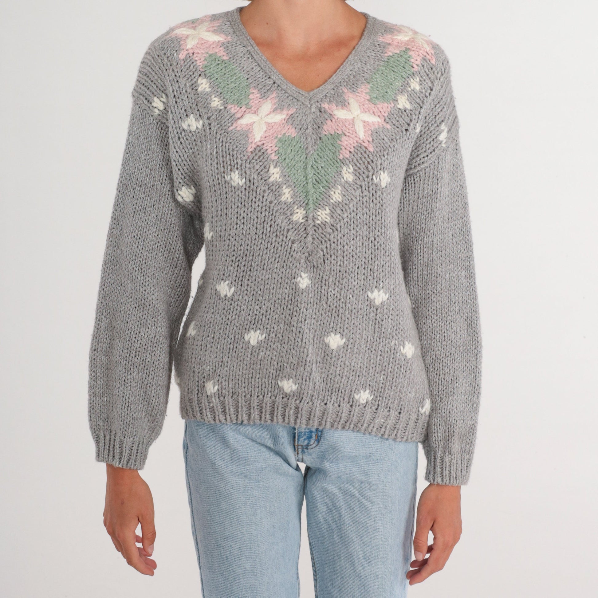 90s Grey Floral V-Neck Knit Sweater Pink Flower Pullover Large