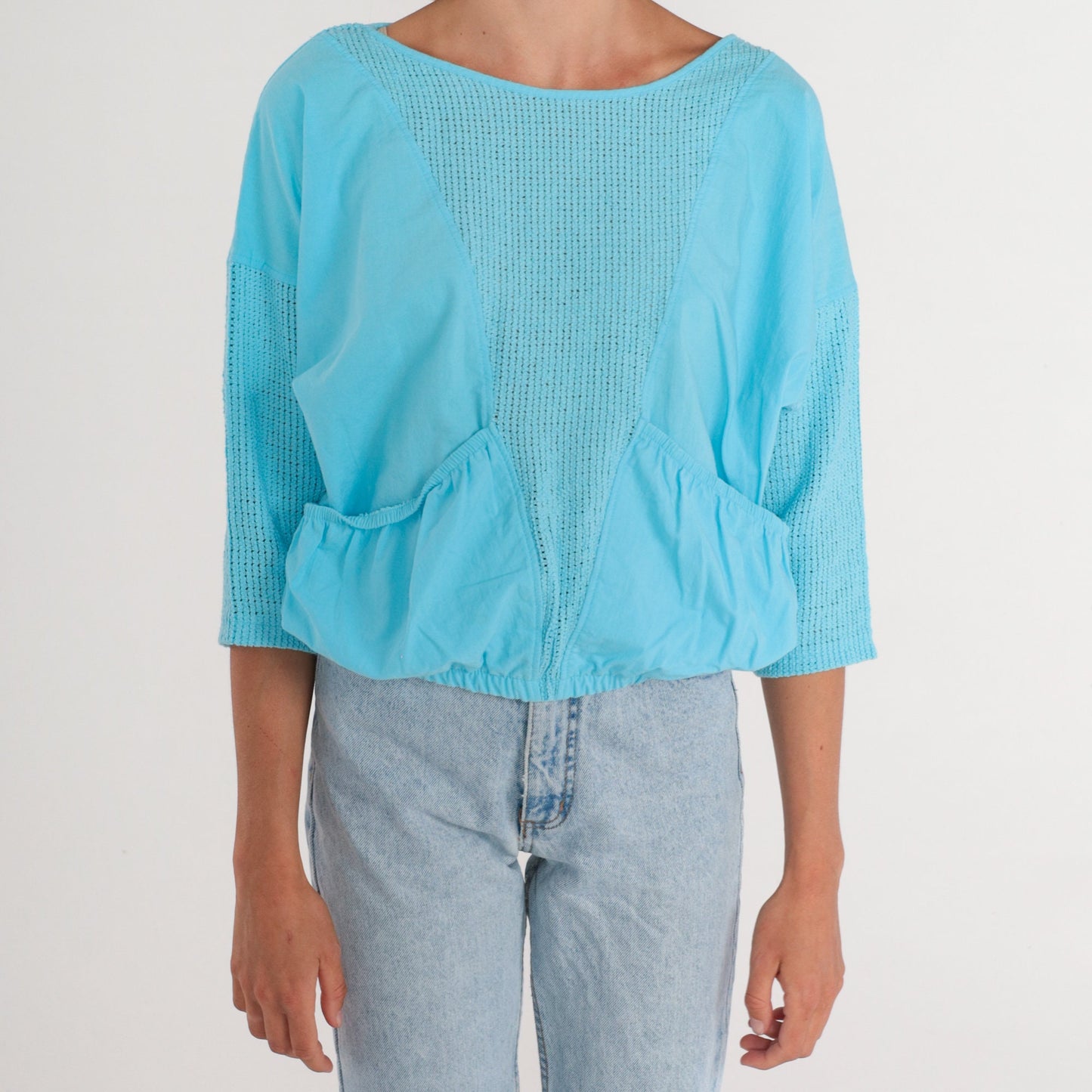 80s Blue Mesh Shirt 3/4 Sleeve Sheer Pocket Blouse Banded Hem Large L