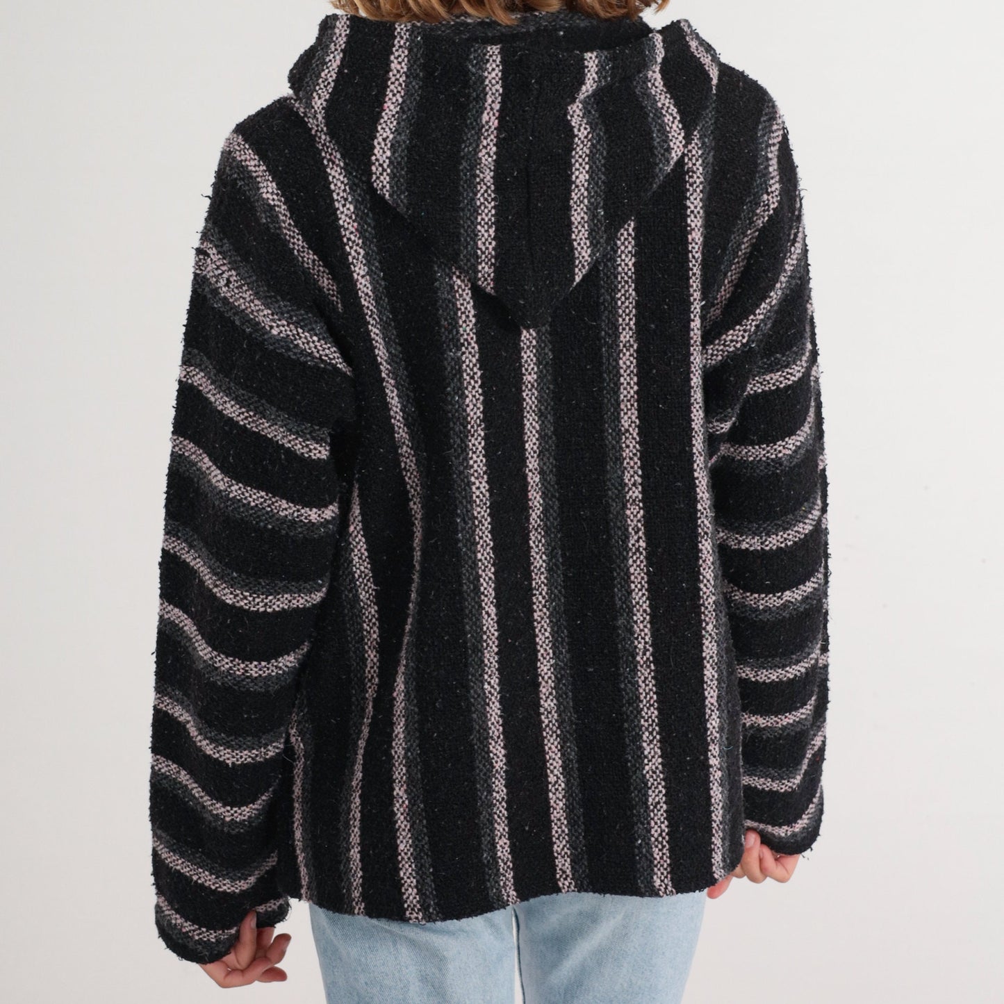 90s Mexican Baja Hoodie Black Grey White Striped Kangaroo Pocket Medium M