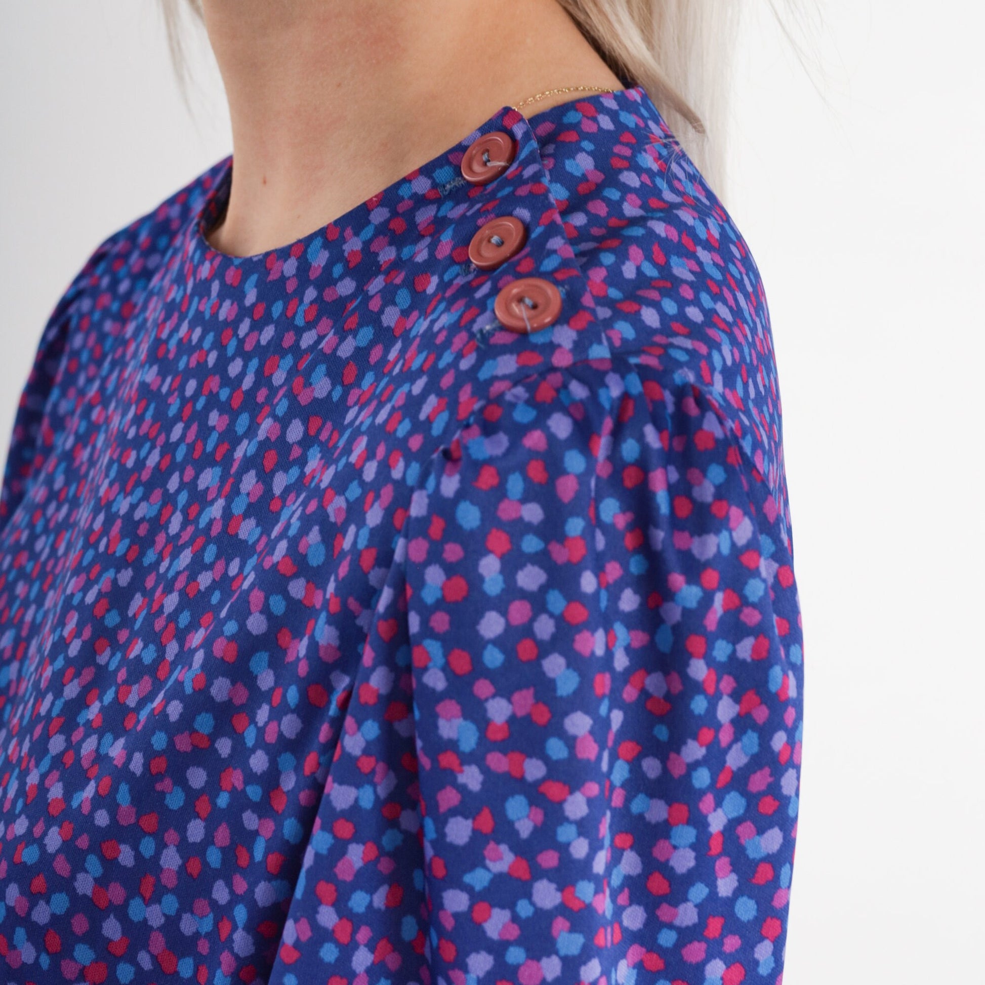 80s Purple Confetti Mini Dress Puff Sleeve Shoulder Buttons Small