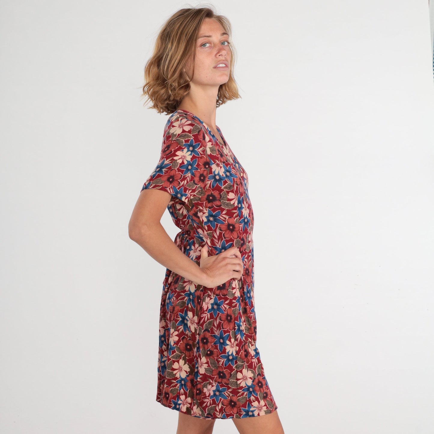 90s Karen Scott Red Floral Button-Up Romper Knee-Length Small S