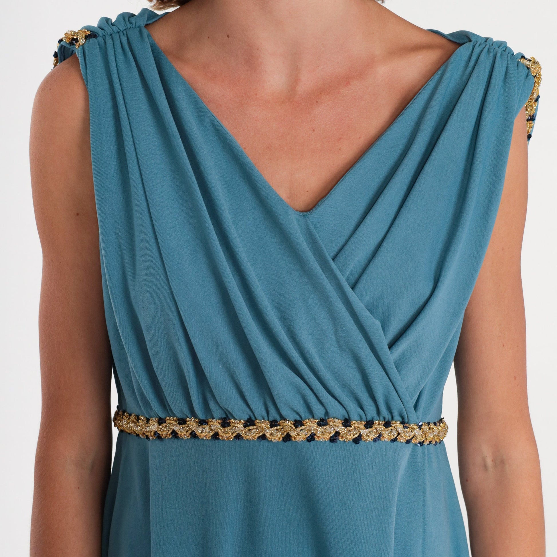 70s Blue Grecian Mini Dress Empire Waist Draped Cape Back Large