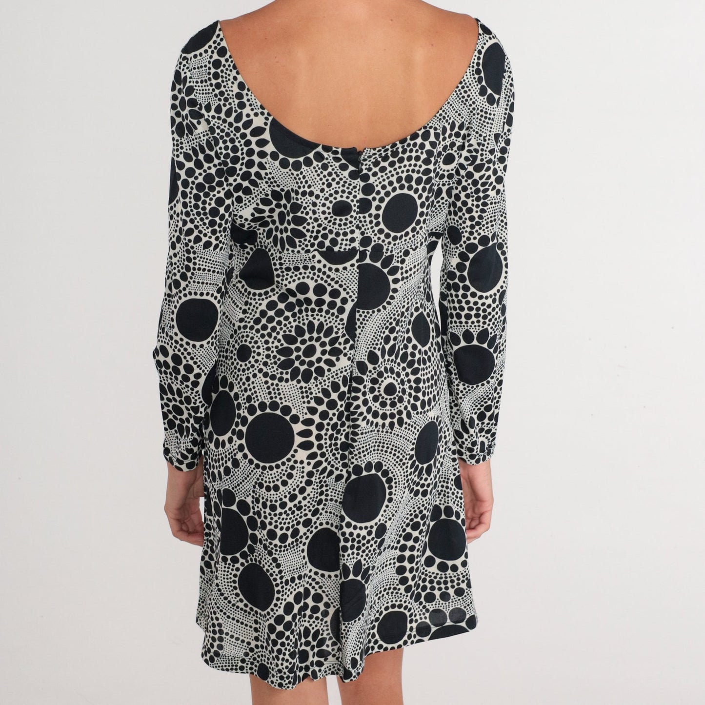 70s Mod Mini Dress Black White Abstract Dot Print Long Sleeve Medium