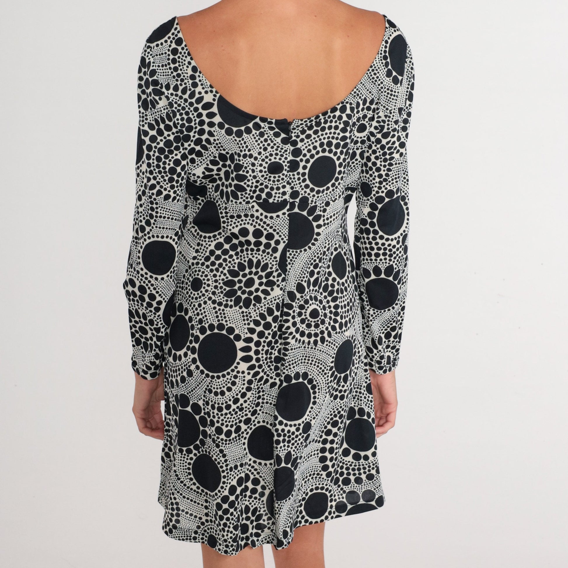 70s Mod Mini Dress Black White Abstract Dot Print Long Sleeve Medium