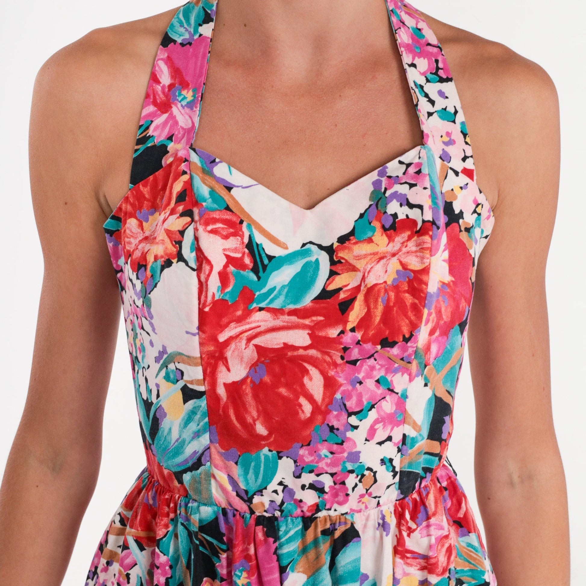 80s Floral Halter Mini Dress Sweetheart Neckline High Waist Full Skirt Extra Small