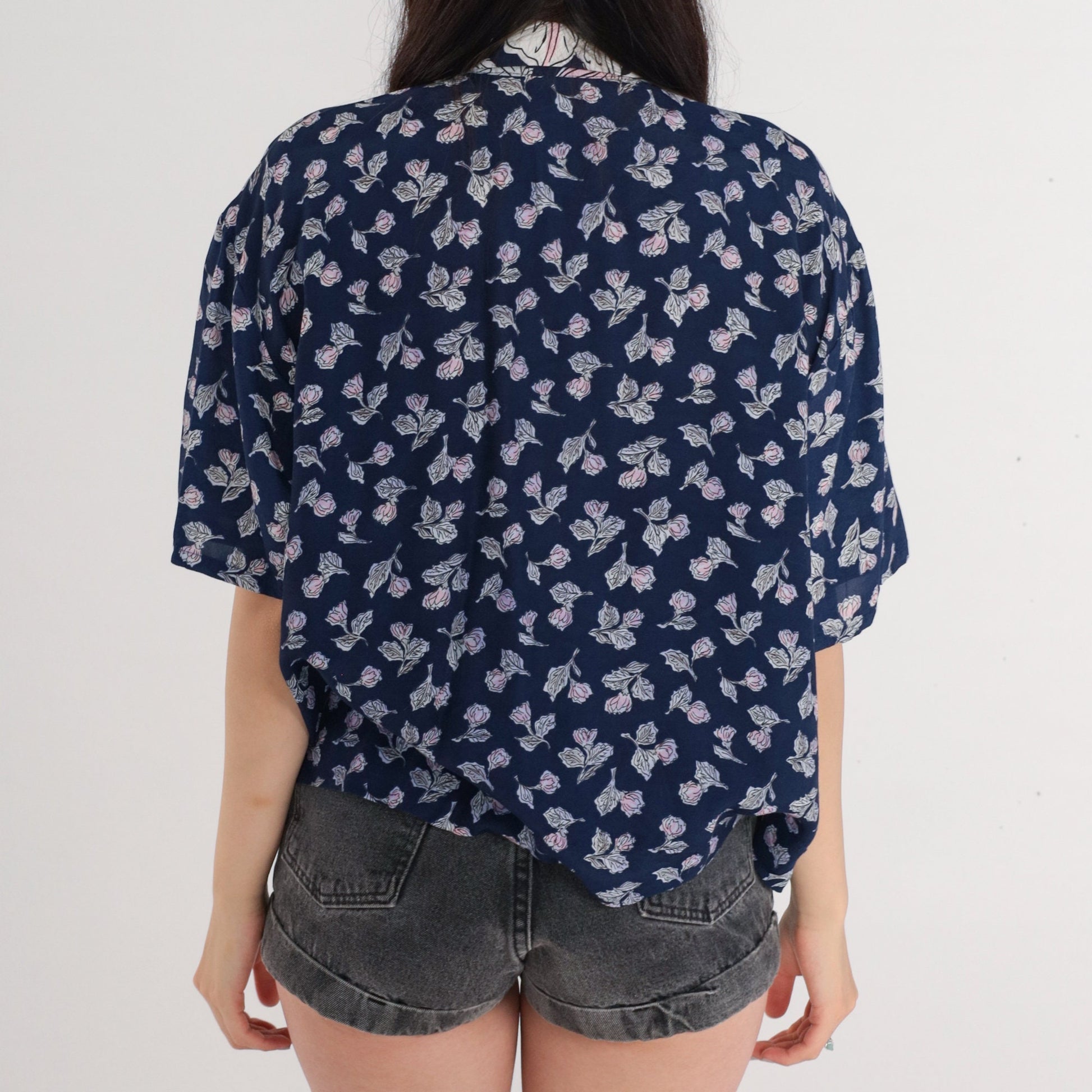 90s Navy Floral Button-Up Blouse Short Sleeve Collared Shirt Large L