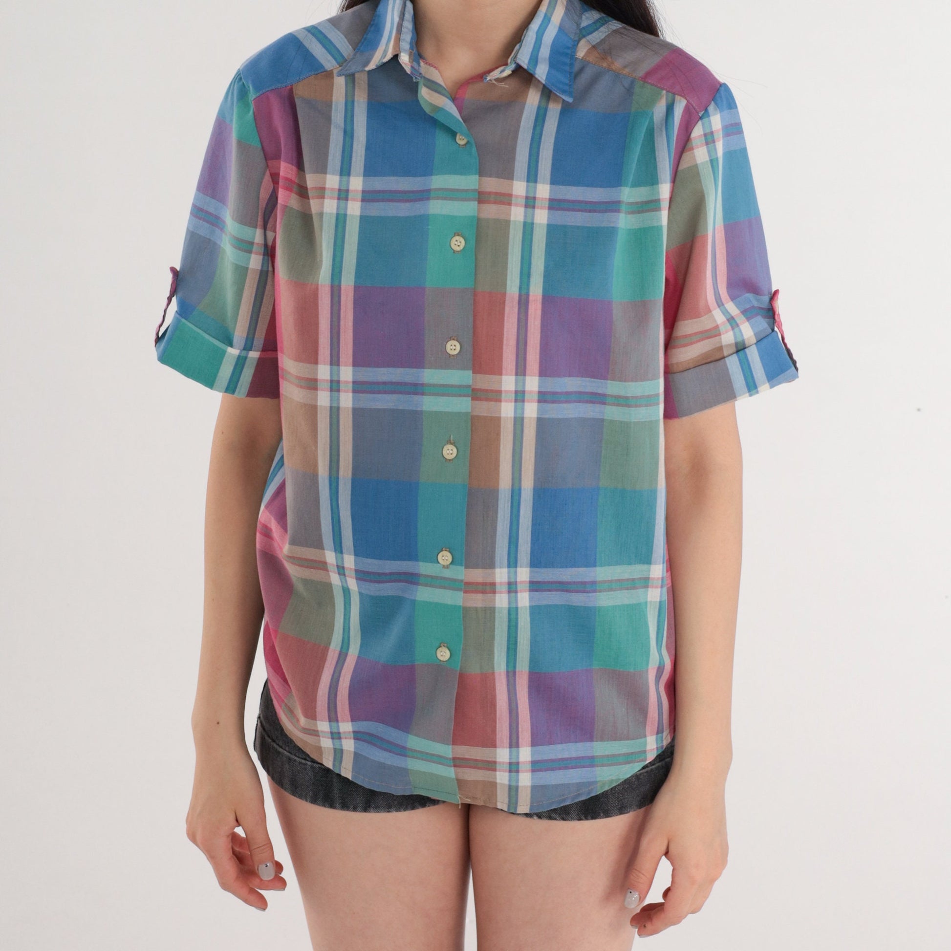 80s Russ Checkered Button-Up Blouse Green Blue Pink Plaid Medium