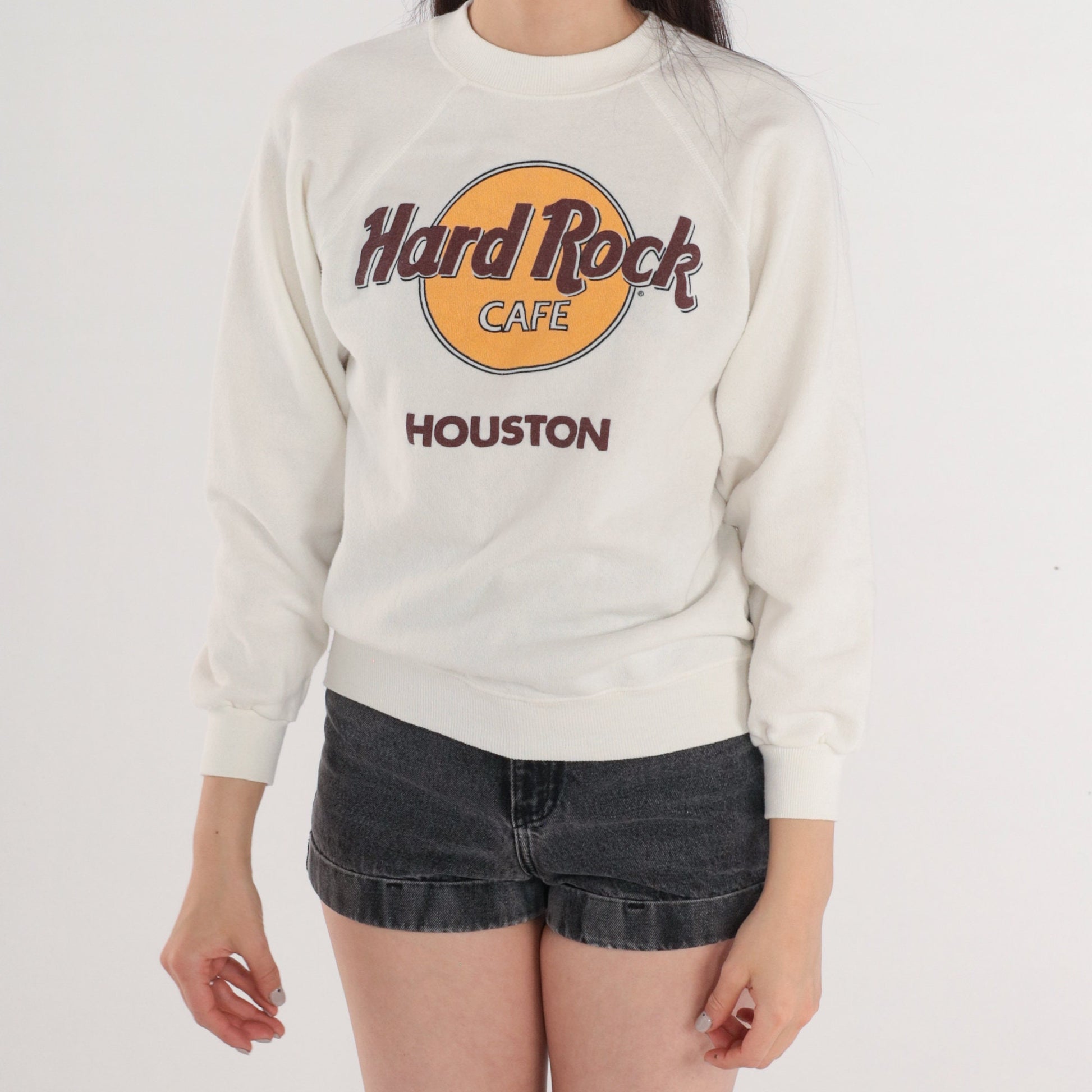 90s Hard Rock Cafe Houston Raglan Sweatshirt White Graphic Pullover Small