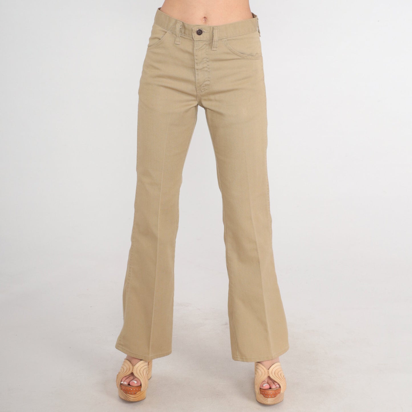70s Mr. Leggs Khaki Flared Trousers Mid Rise Bell Bottoms Small